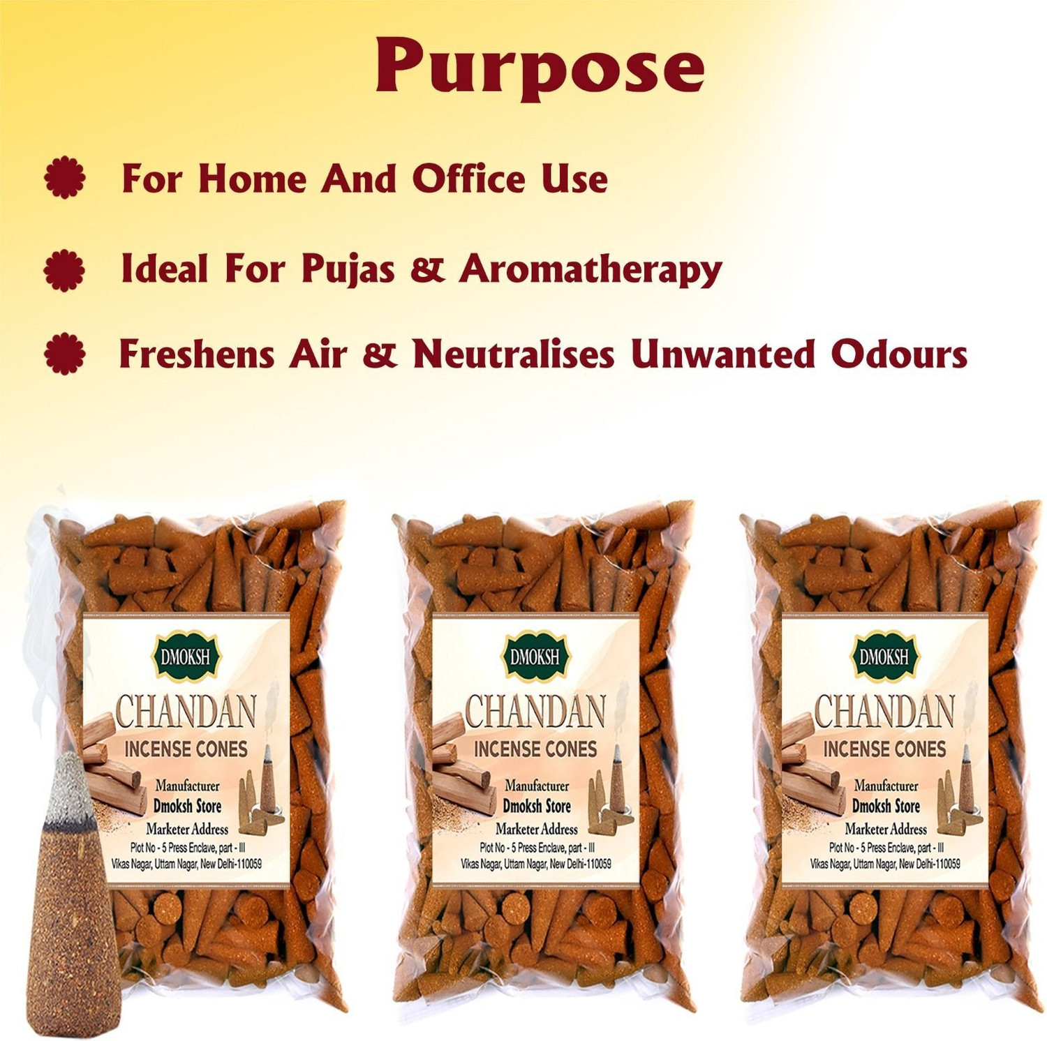 Image of DMOKSH Premium Incense Dhoop Cone Chandan fragrance Agarbatti for Puja item 500g(255pc) Sandal Dhoop (Pack of 5)