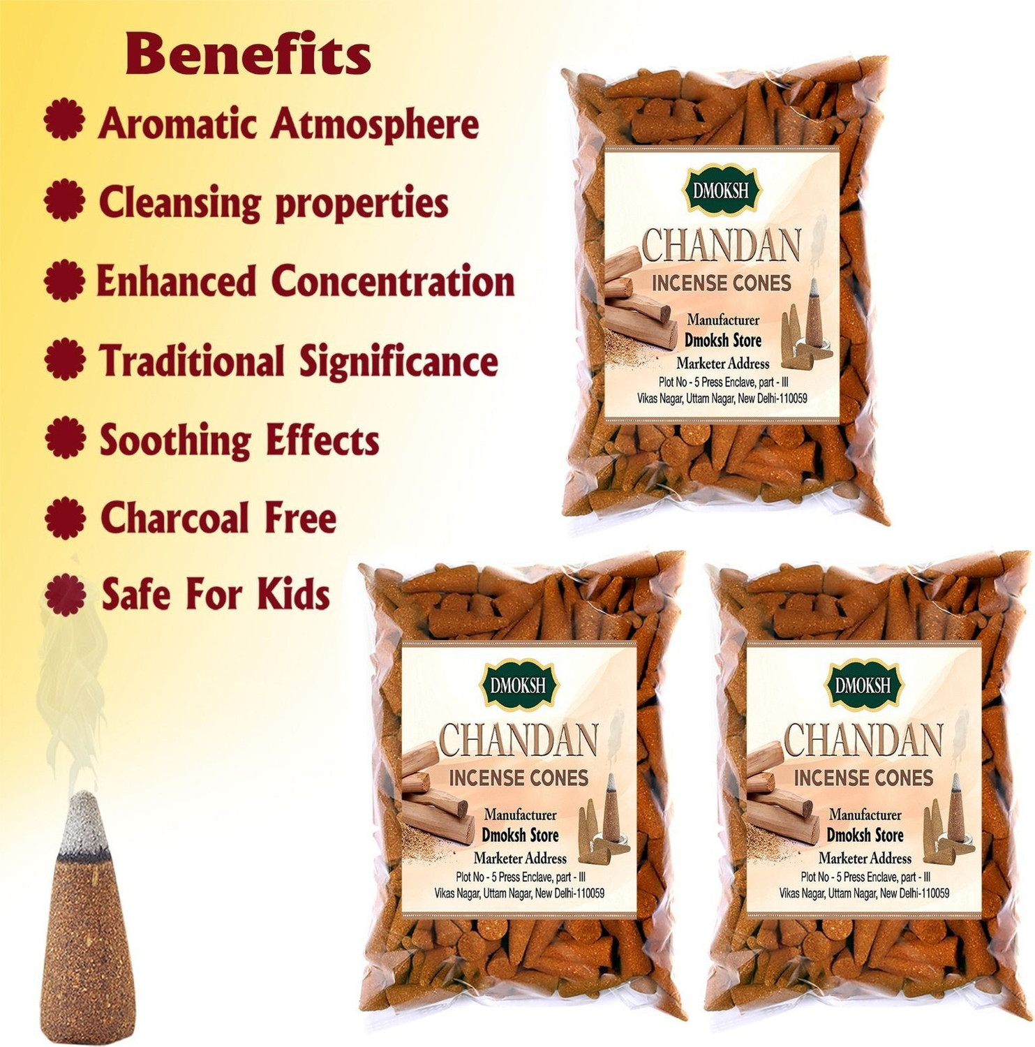 Image of DMOKSH Premium Incense Dhoop Cone Chandan fragrance Agarbatti for Puja item 500g(255pc) Sandal Dhoop (Pack of 5)