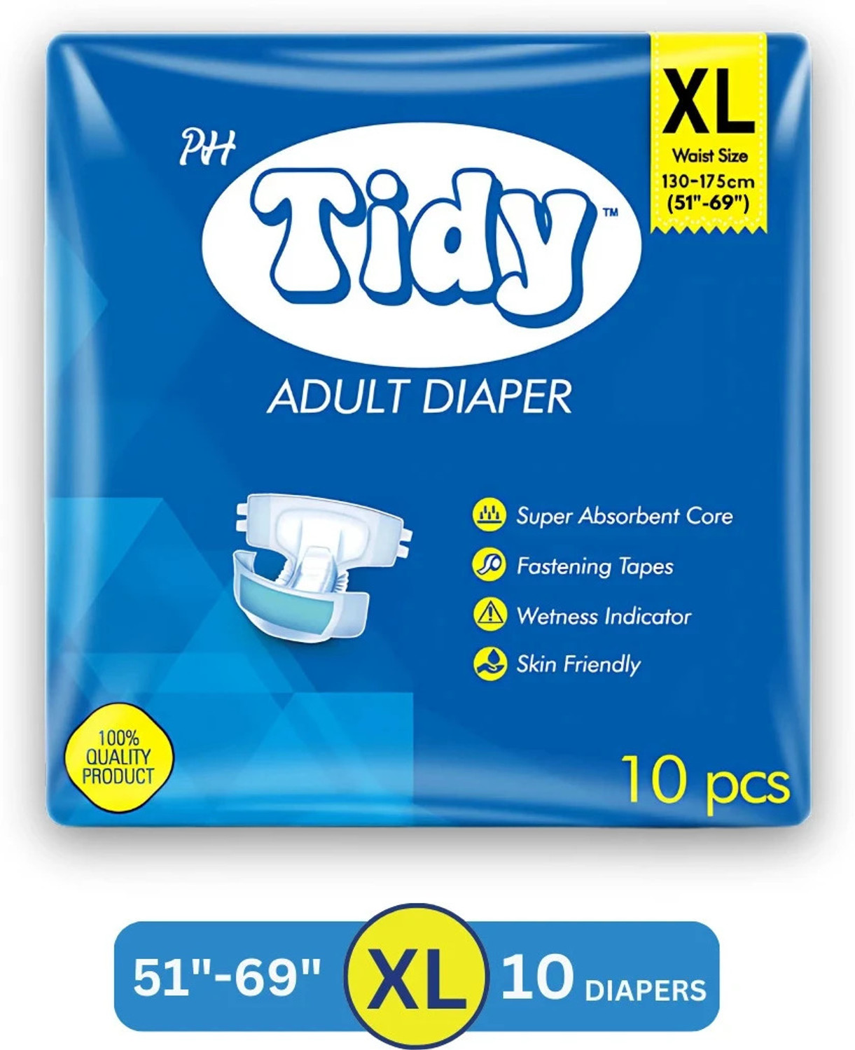Image of PH TIDY Tape Style Super Absorbent | Unisex | Waist Size (51-69 Inches) Adult Diapers - XL