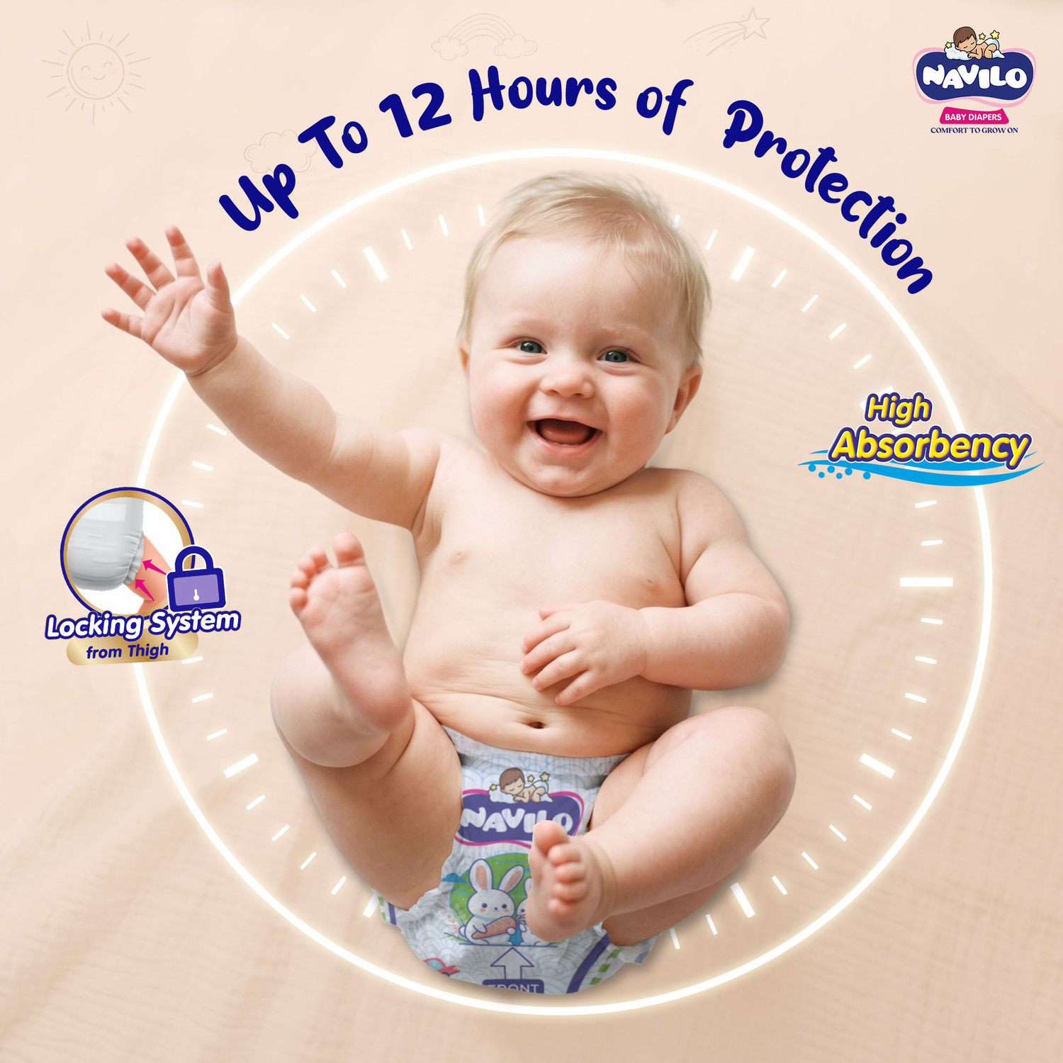 Image of navilo Premium Baby Diaper Pants, 3X Leak Protection, Criss Cross Layer, 5-11kg Pant Diapers - M