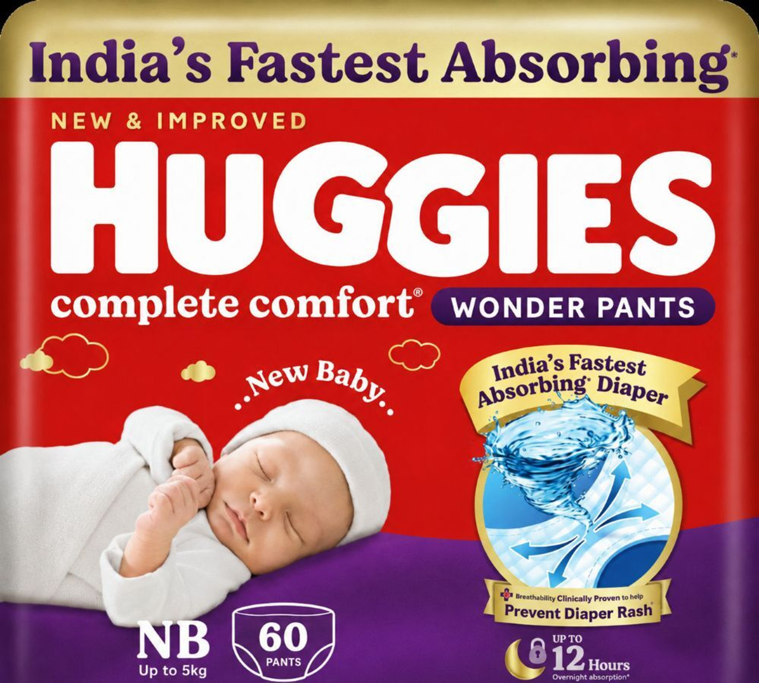Image of Huggies Complete Comfort Wonder Pants Style Baby Diapers Newborn Size (NB) Pant Diapers - New Born
