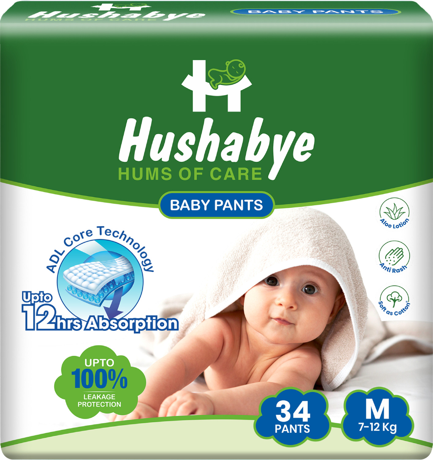 Image of Hushabye Baby Diaper Pants with Aloe Lotion, Anti-Rash | Medium (7-12kg), Pack Of 1 Pant Diapers - M
