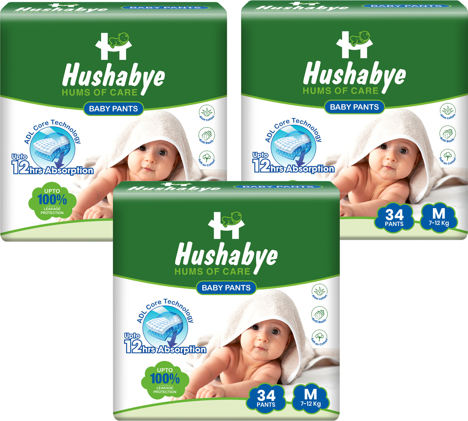Image of Hushabye Baby Diaper Pants with Aloe Lotion, Anti-Rash | Medium (7-12kg), Pack Of 3 Pant Diapers - M