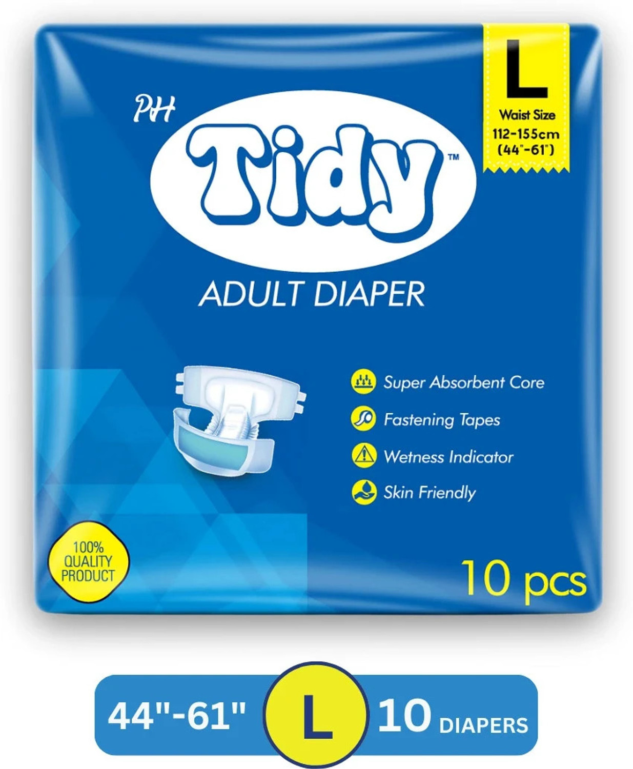 Image of PH TIDY Tape Style Super Absorbent | Unisex | Waist Size (44-61 Inches) Adult Diapers - L