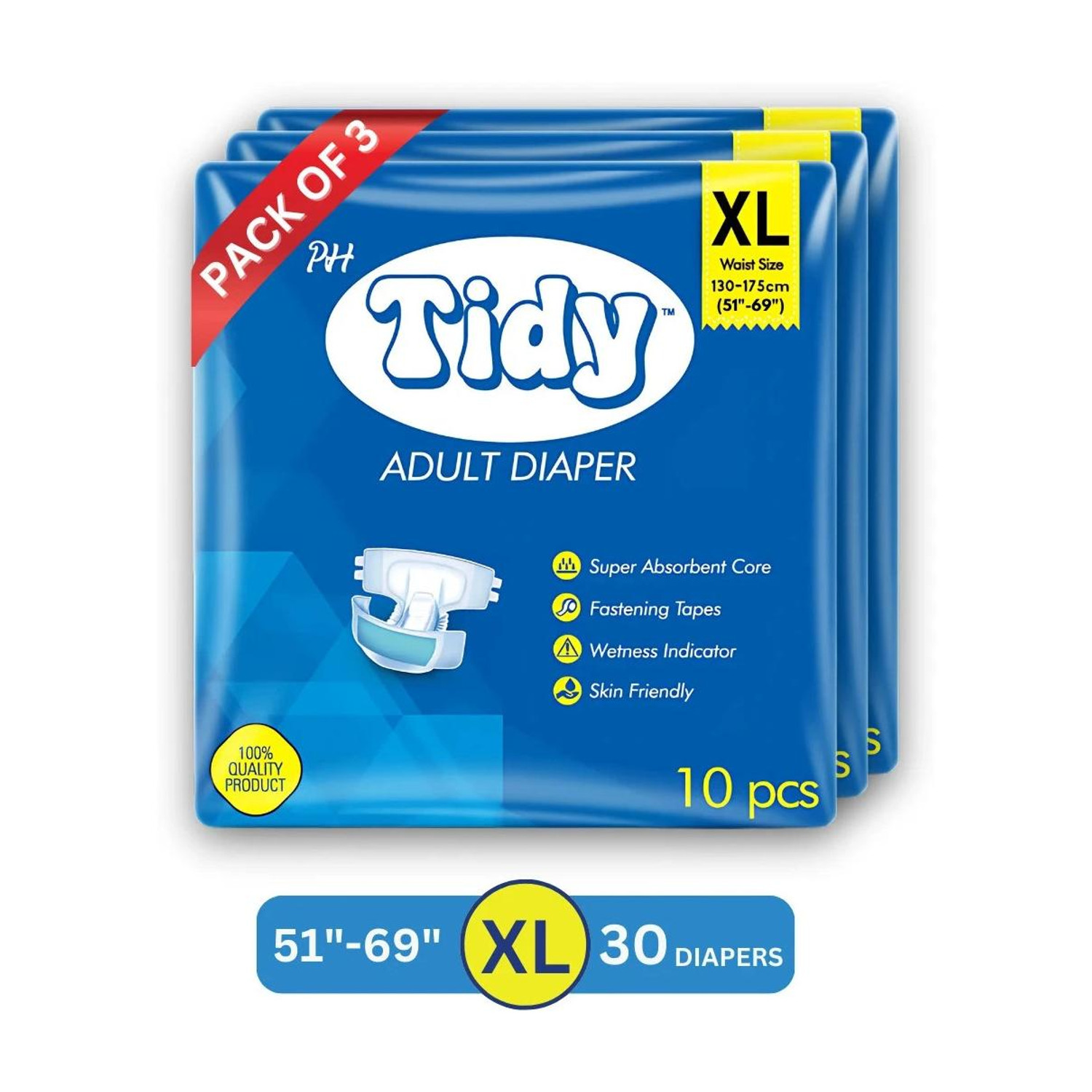 Image of PH TIDY Tape Style Super Absorbent | Unisex | Waist Size (51-69 Inches) Adult Diapers - XL
