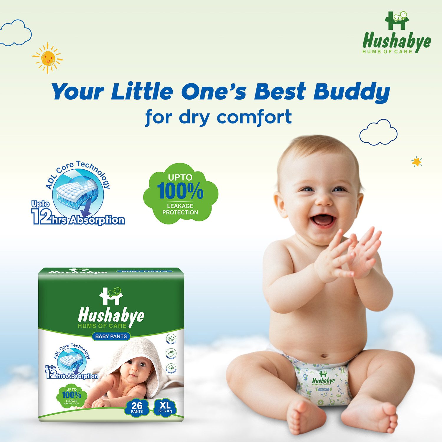Image of Hushabye Baby Diaper Pants with Aloe Lotion, Anti-Rash | Extra Large(12-17kg), Pack Of 1 Pant Diapers - XL