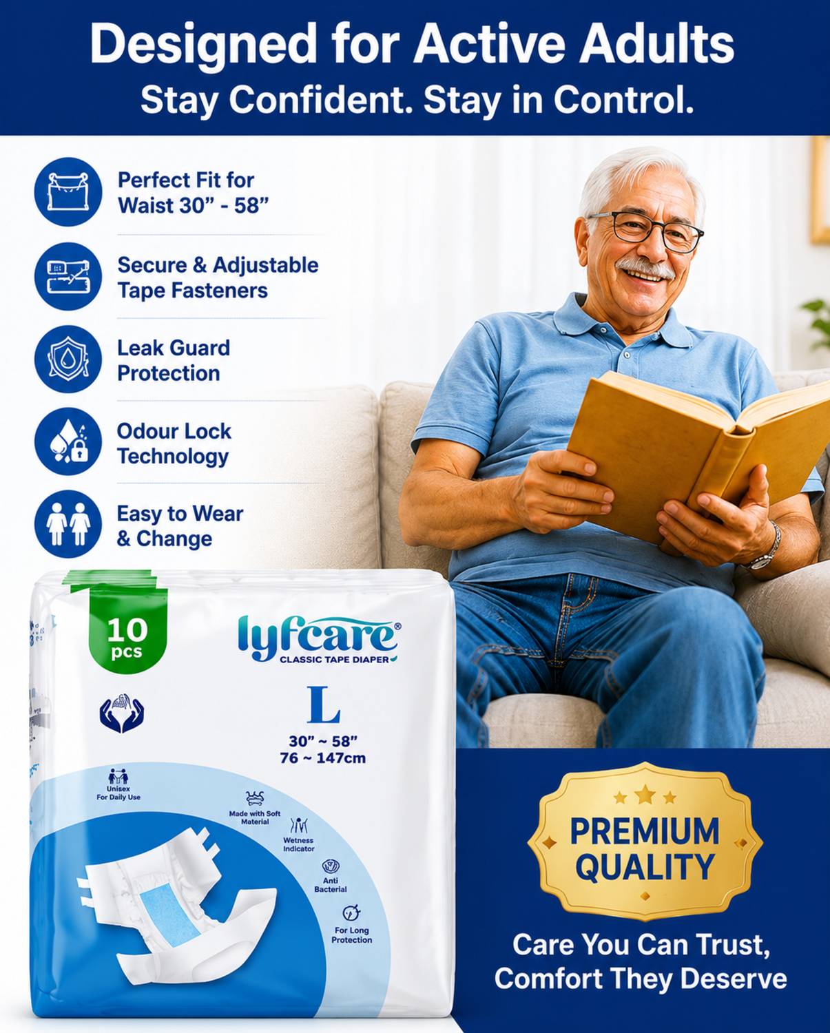 lyfcare Classic Tape Style Adult Diapers - Pack of 3 - Image 4