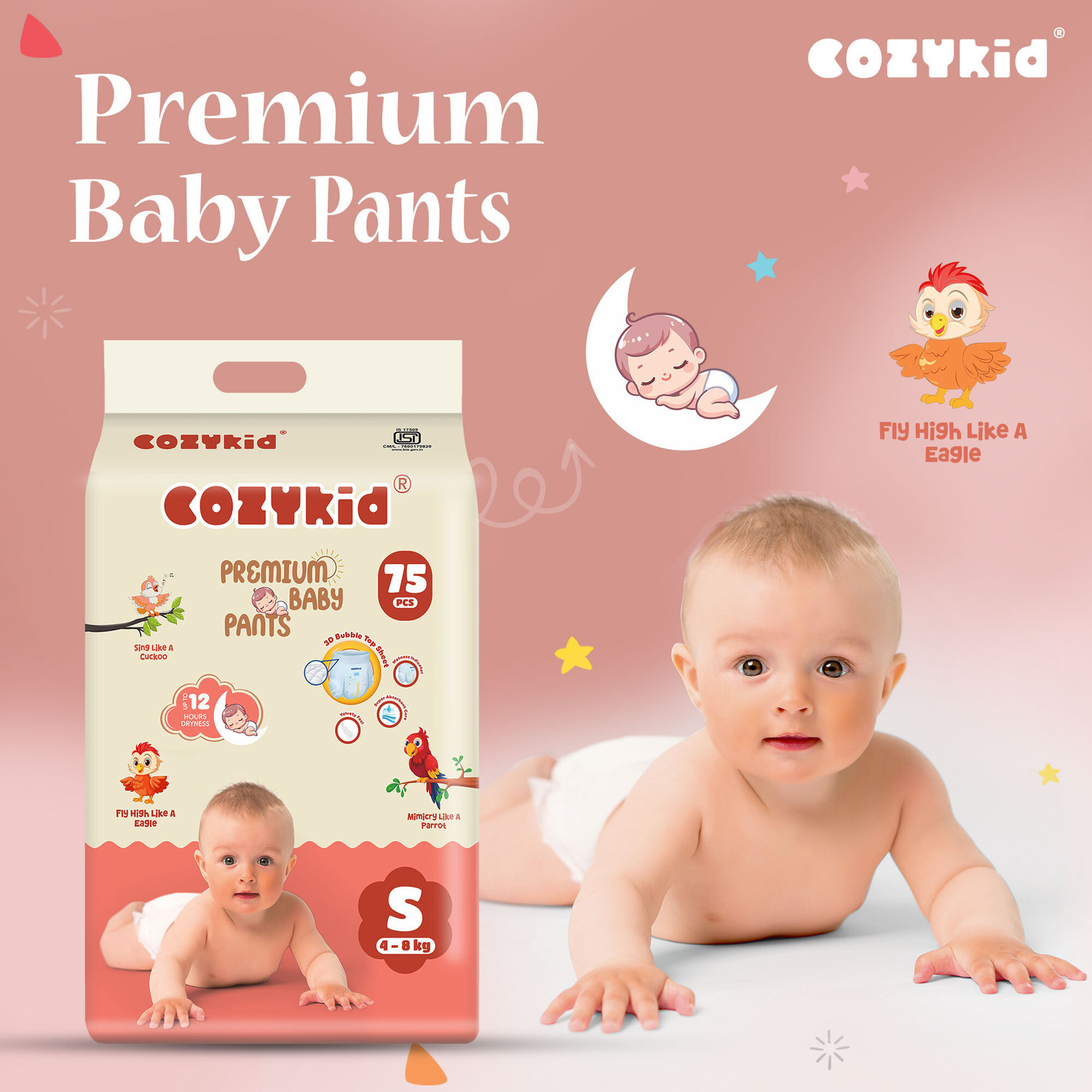 Image of COZYKID Comfort Dry Pull-Up Diaper Pants | 12-Hour Leak Guard & Soothing Rash Protection Pant Diapers - S
