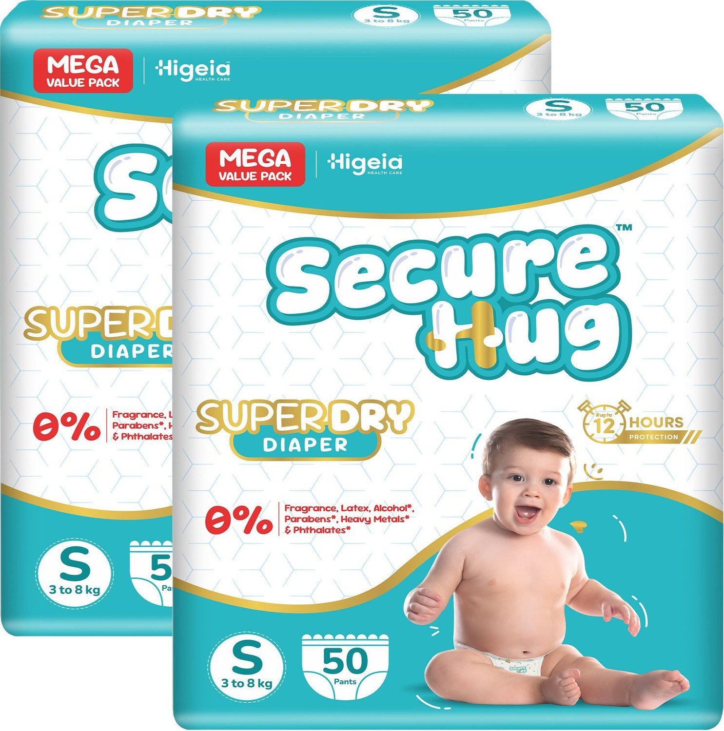 Image of Secure Hug Baby Diaper Pants with 12hrs Absorption, Anti-Rash | Small (3-8kg), Pack Of 2 Pant Diapers - S