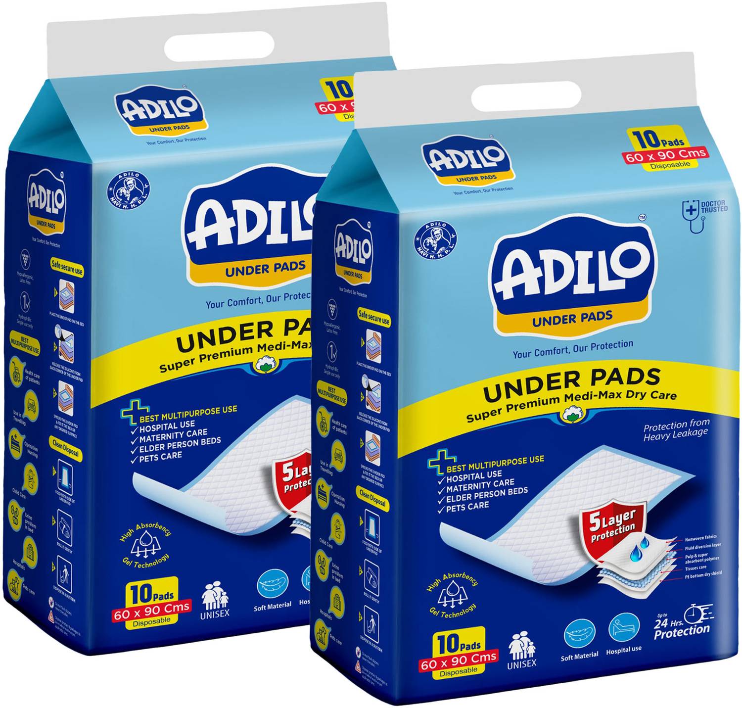 ADILO Unisex Disposable Underpads For Adults, Super Absorbent, Leak-Proof (60x90 cm) Adult Diapers - L