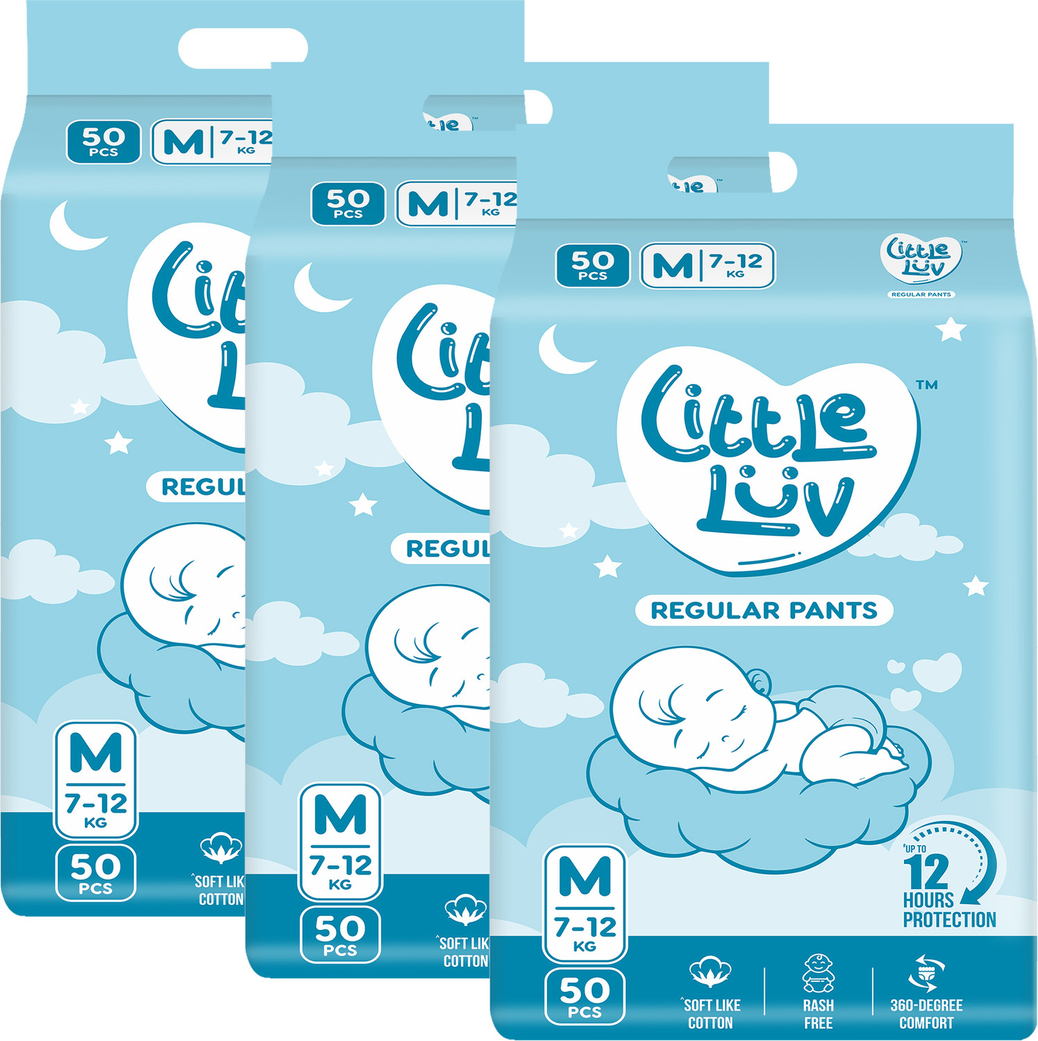 Image of Little Luv Baby Diaper Pants with 12hrs Absorption, Anti-Rash | Medium (7-12kg), Pack Of 3 Pant Diapers - M