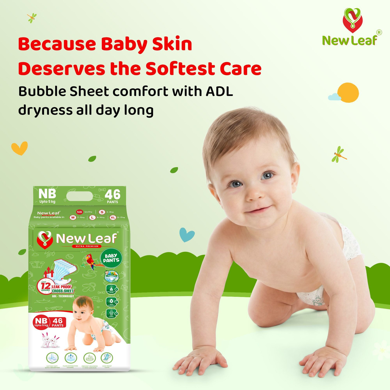 Image of Newleaf Baby Diaper Pants 12hrs Absorption, ADL, Newborn (up to 5kg), Jumbo Pack of 1 Pant Diapers - New Born