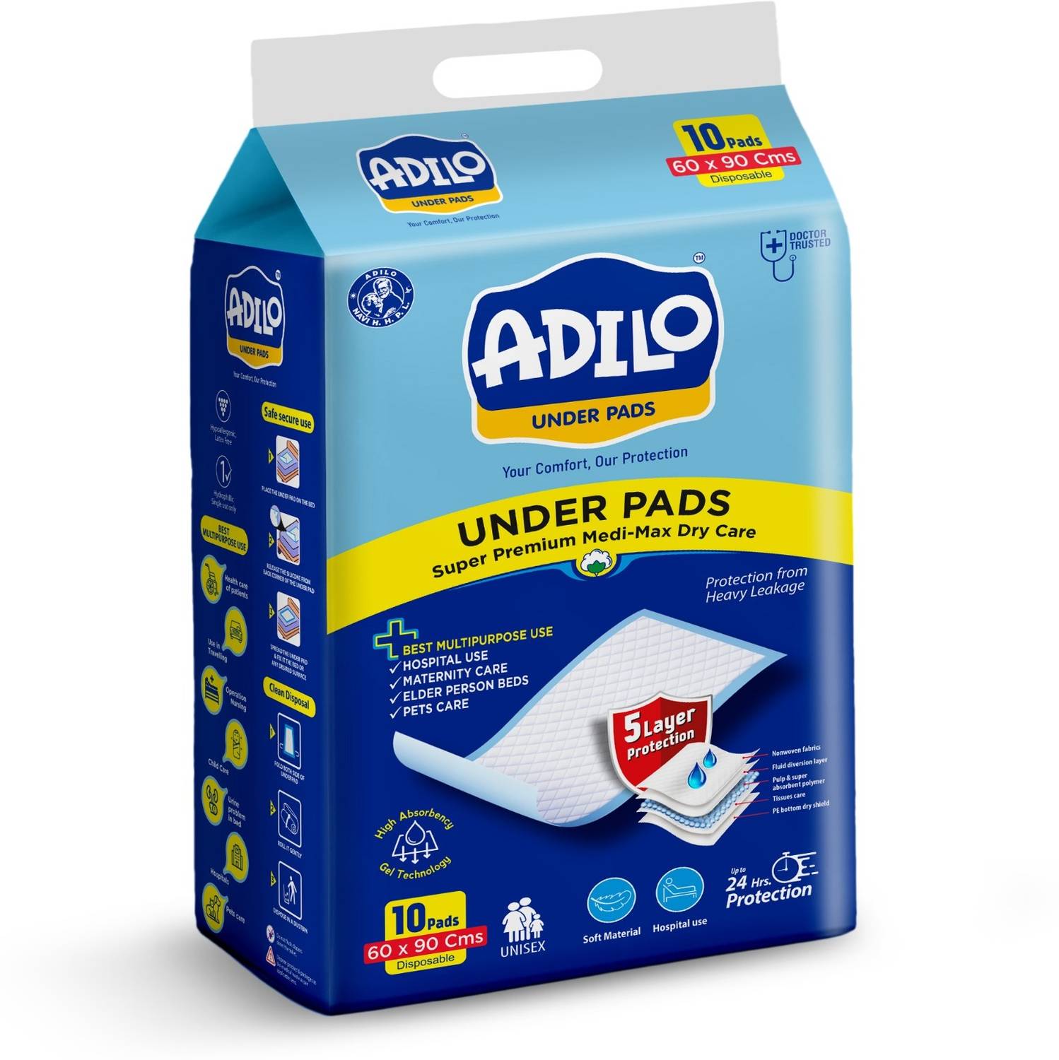 ADILO Unisex Disposable Underpads For Adults, Super Absorbent, Leak-Proof (60x90 cm) Adult Diapers - L