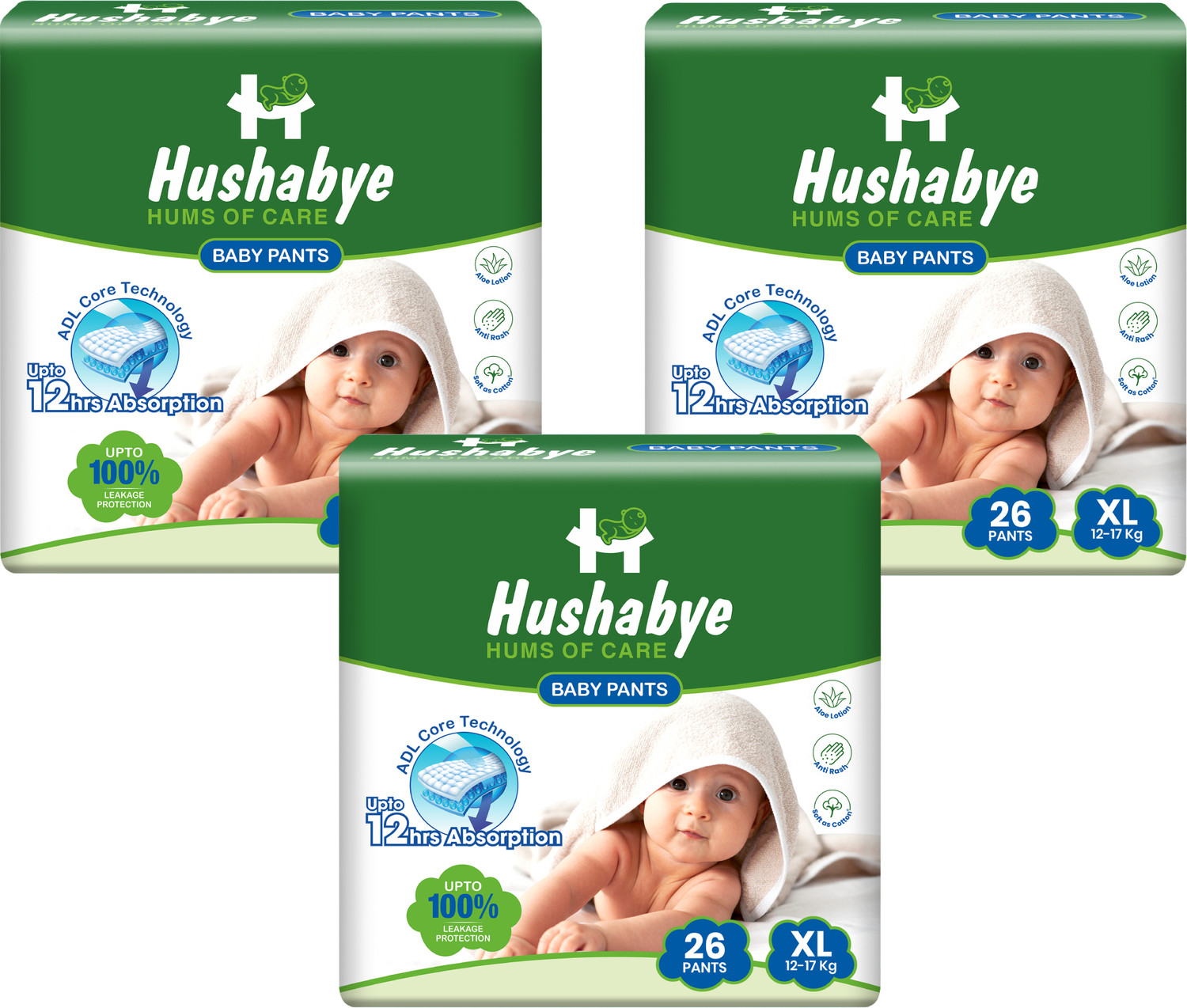 Image of Hushabye Baby Diaper Pants with Aloe Lotion, Anti-Rash | Extra Large(12-17kg), Pack Of 3 Pant Diapers - XL