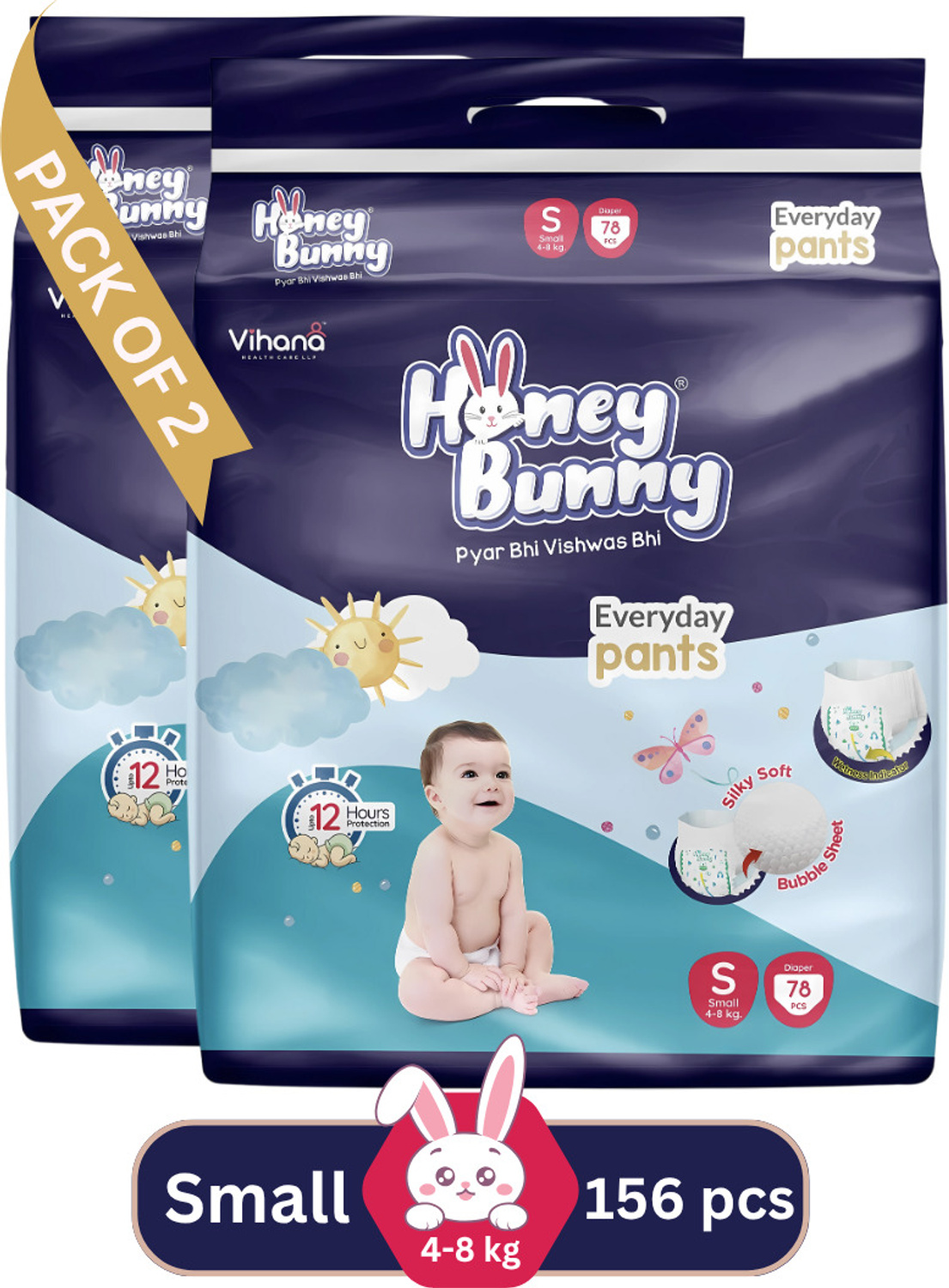 HONEY BUNNY Baby Diaper Pants Bubble Top Sheet Extra Soft 12hr Protection - S