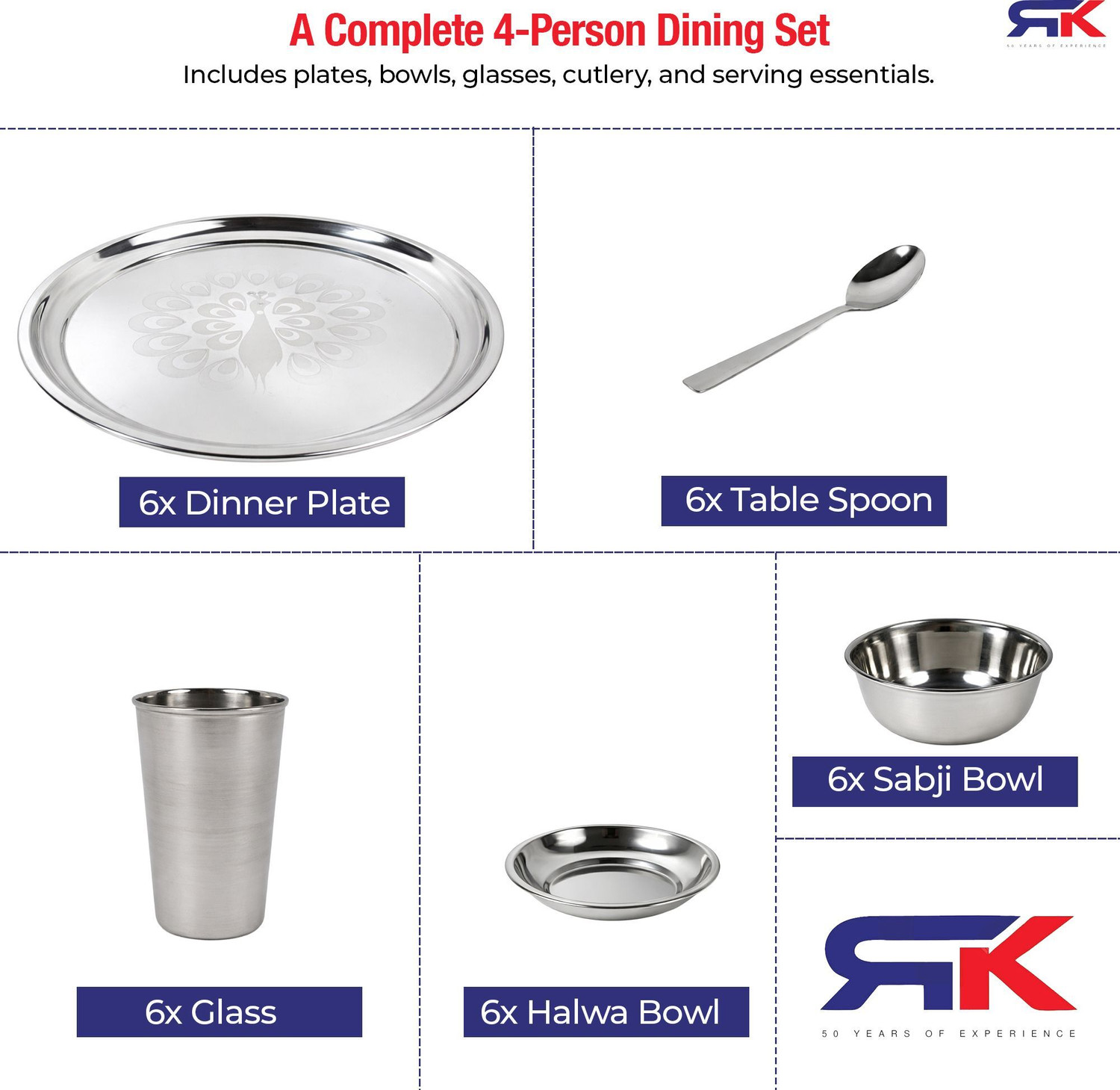 Image of Rk Pack of 20 Stainless Steel Dinner Set| Thali Set| Dinner Plate|Bhojan Thali Set Dinner Set (Steel) Dinner Set