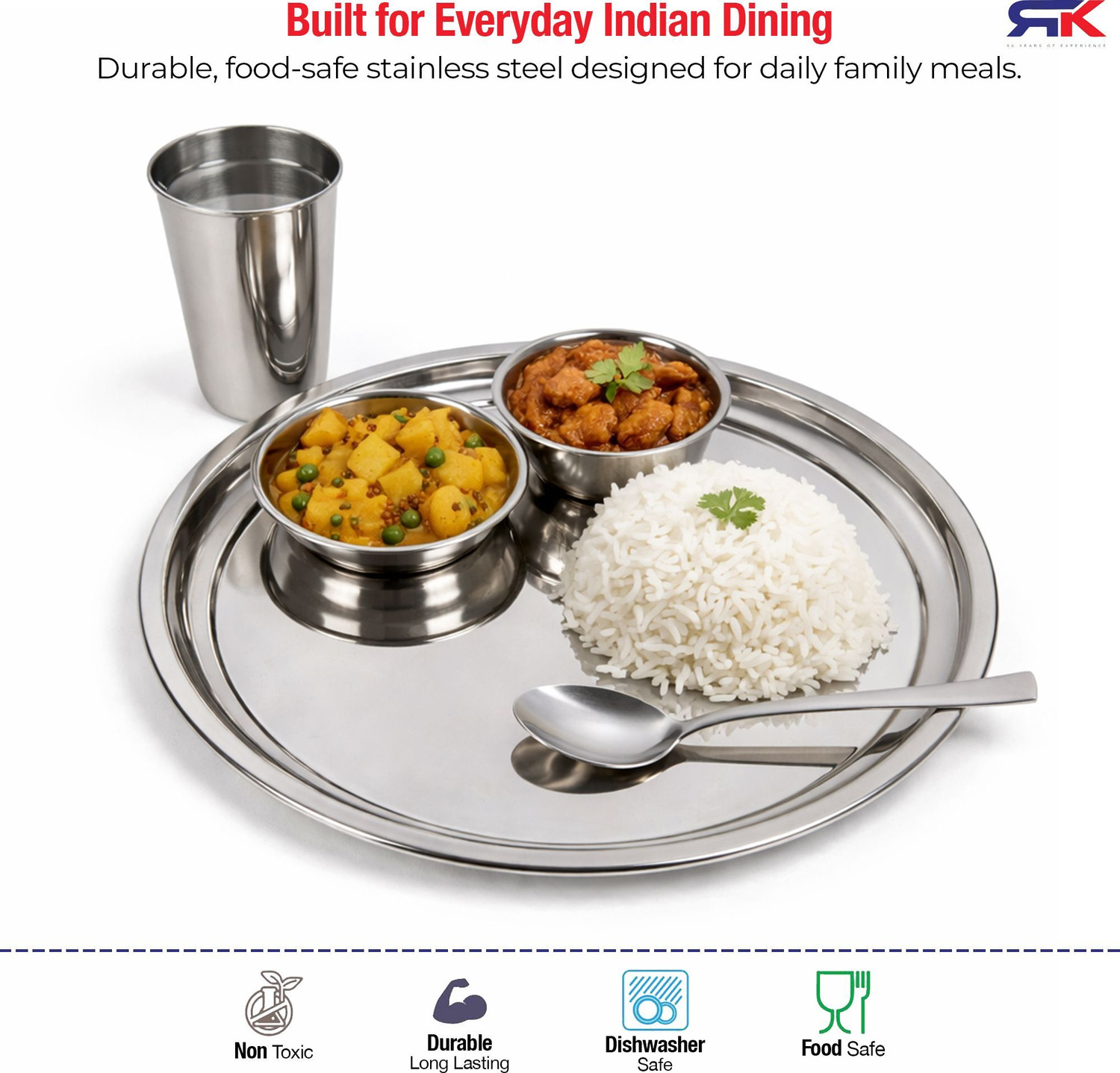 Image of Rk Pack of 20 Stainless Steel Dinner Set| Thali Set| Dinner Plate|Bhojan Thali Set Dinner Set (Steel) Dinner Set