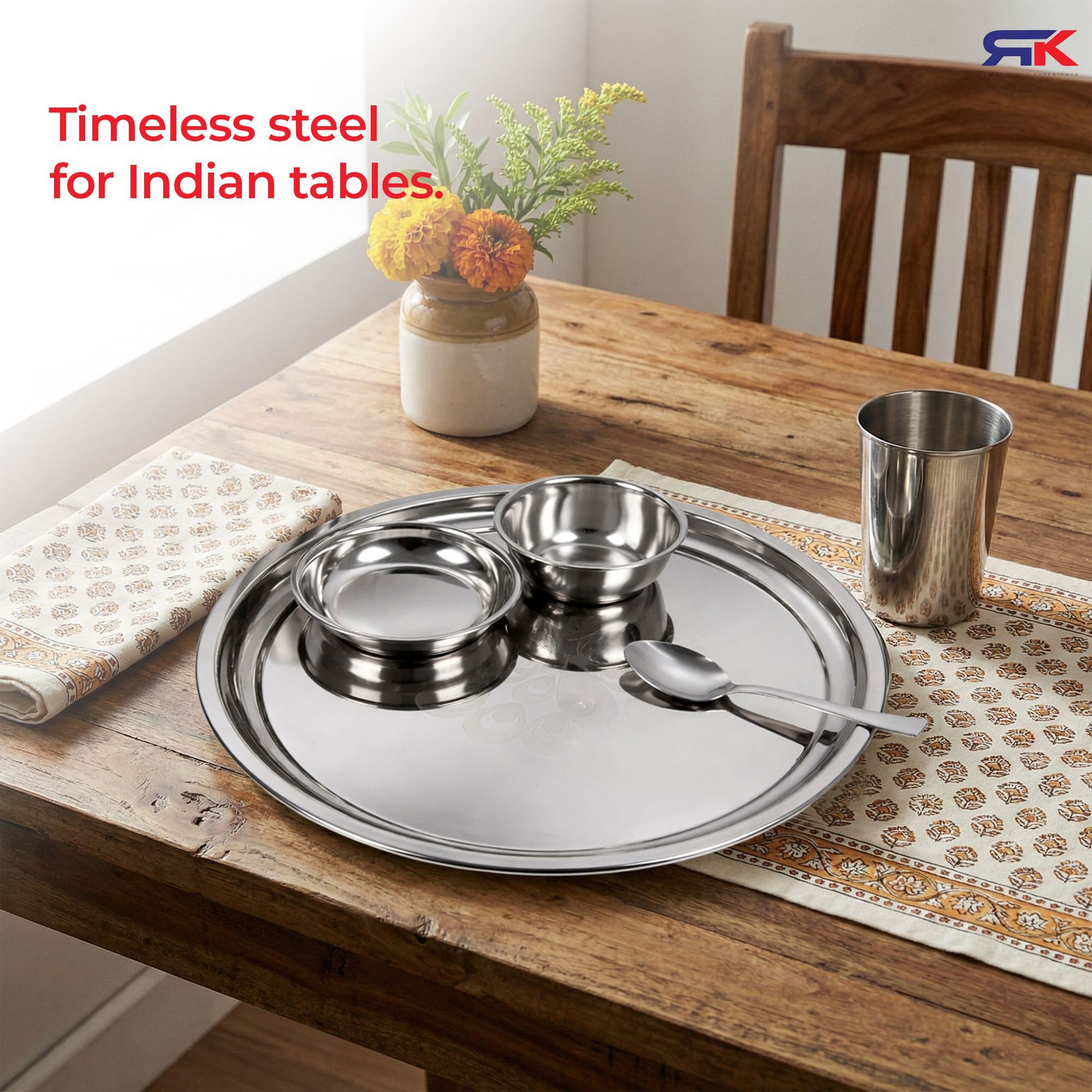 Image of Rk Pack of 20 Stainless Steel Dinner Set| Thali Set| Dinner Plate|Bhojan Thali Set Dinner Set (Steel) Dinner Set