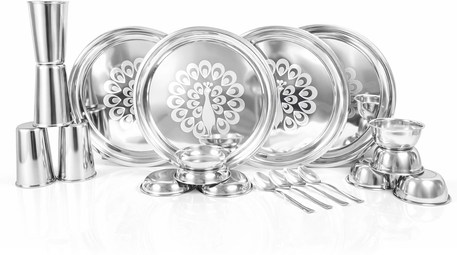 Image of Rk Pack of 20 Stainless Steel Dinner Set| Thali Set| Dinner Plate|Bhojan Thali Set Dinner Set (Steel) Dinner Set