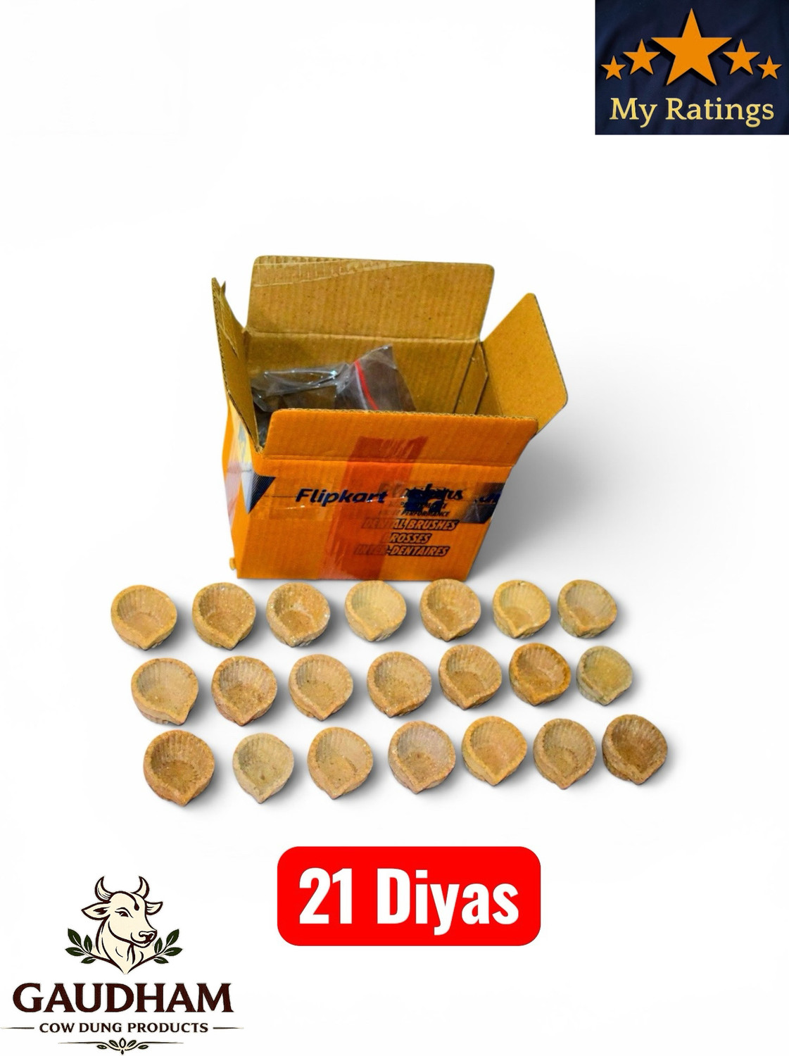 Image of NEUTON Cow Dung Self Burn Diyas | Pure Gir Cow Dung | Ideal for Deewali & Pooja Cow Dung (Pack of 21) Table Diya Set