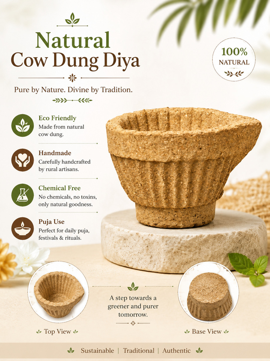 Image of NEUTON Cow Dung Self Burn Diyas | Pure Gir Cow Dung | Ideal for Deewali & Pooja Cow Dung (Pack of 21) Table Diya Set