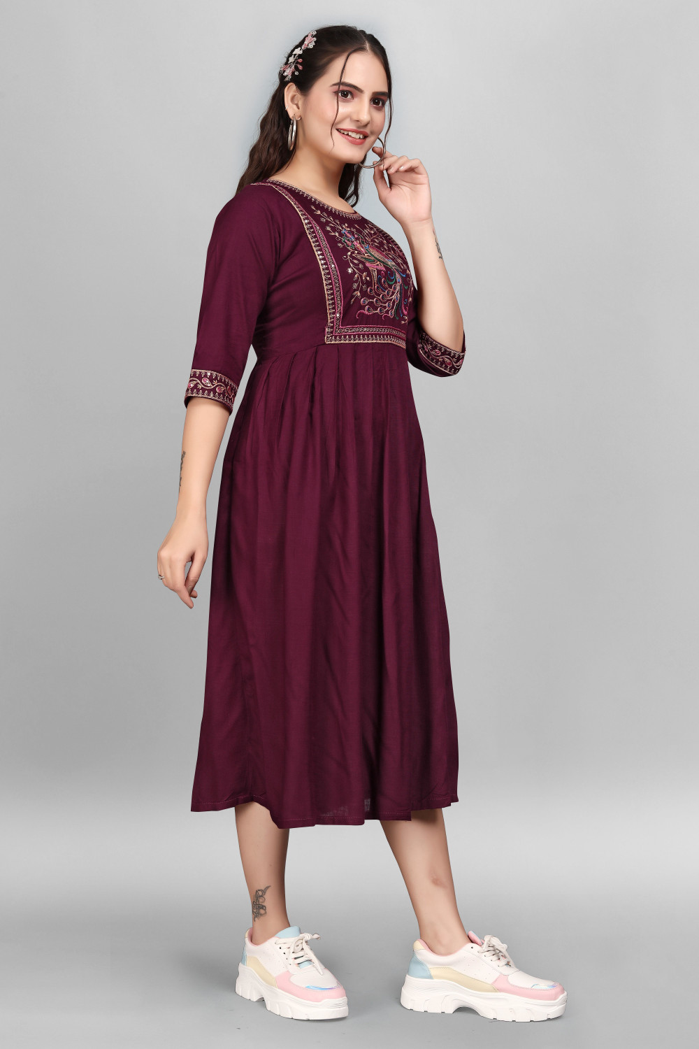 Image of sheladiya Women Fit and Flare Multicolor Below Knee Dress