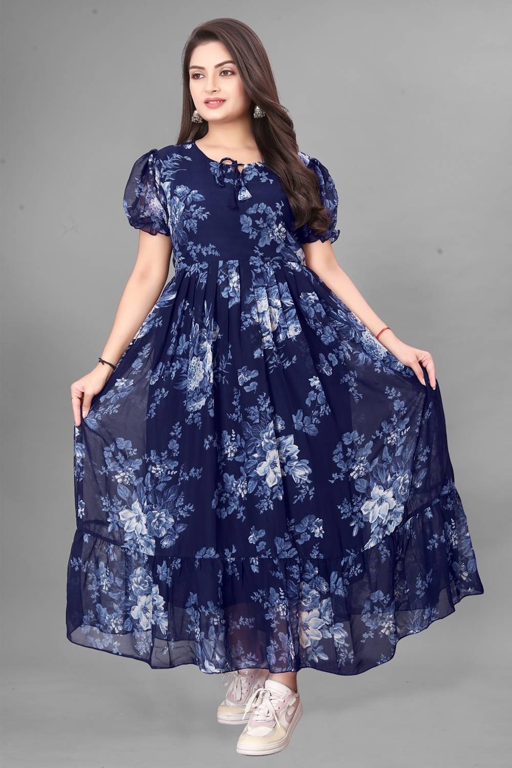 ANTRA Women Fit and Flare Blue, White Maxi/Full Length Dress