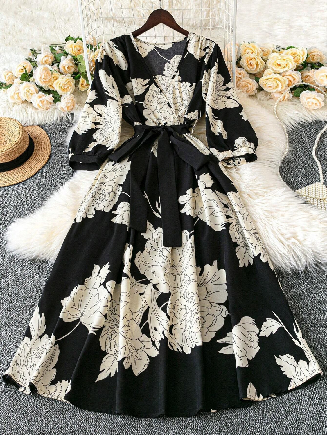 Image of METRONAUT Women Wrap Black, White Midi /Calf Length Dress