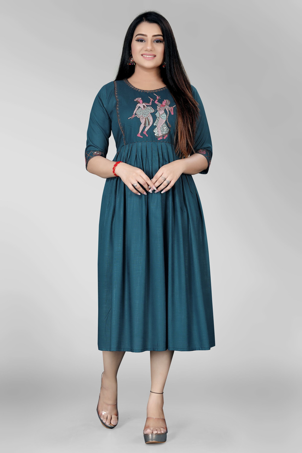 Image of sheladiya Women Fit and Flare Dark Blue Midi /Calf Length Dress