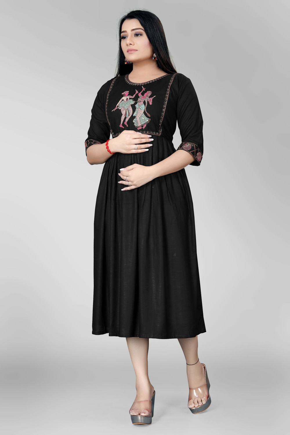 Image of sheladiya Women Fit and Flare Black Midi /Calf Length Dress