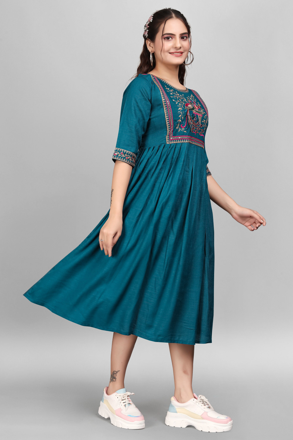Image of sheladiya Women Fit and Flare Multicolor Midi /Calf Length Dress