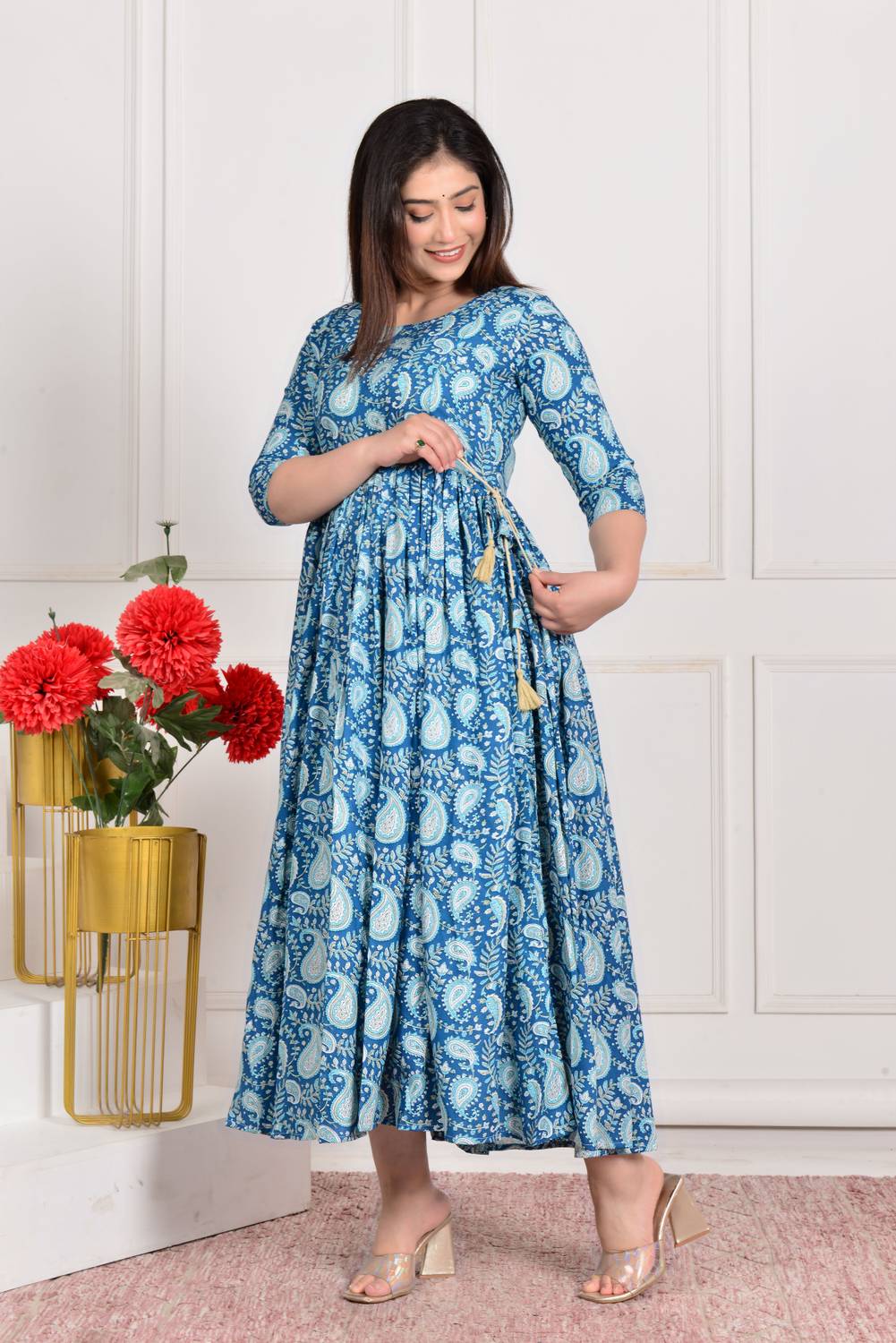 Gujari Women Printed Viscose Rayon Anarkali Kurta (Blue, Light Bl