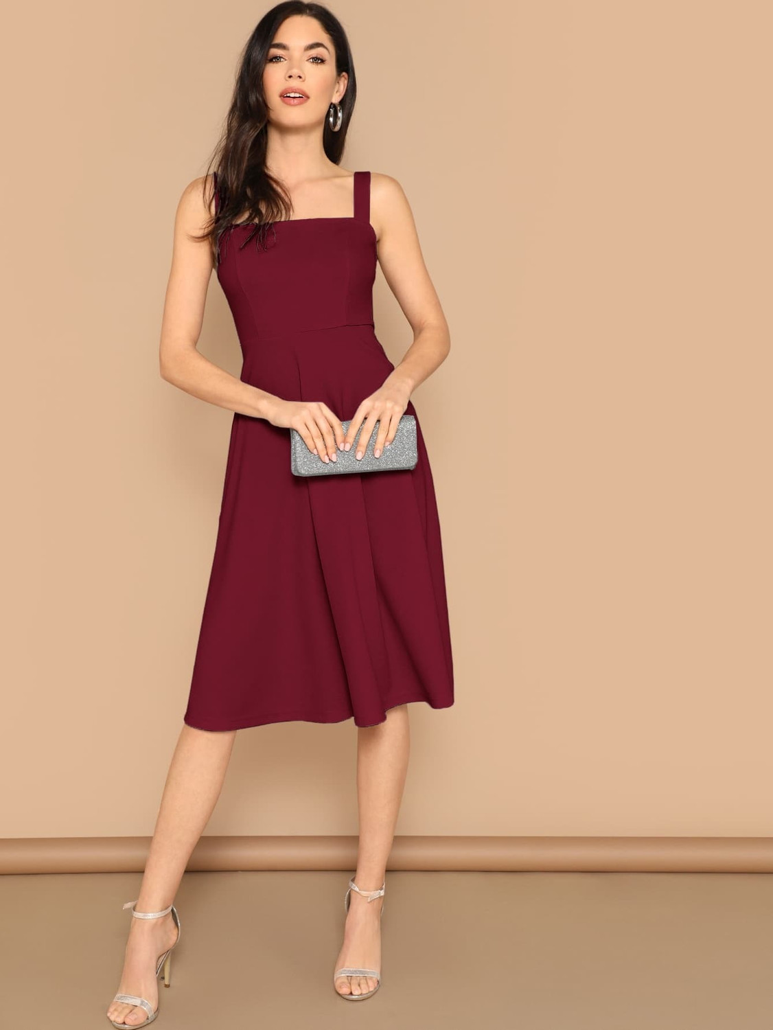 Image of Aahwan Women Fit and Flare Maroon Below Knee Dress