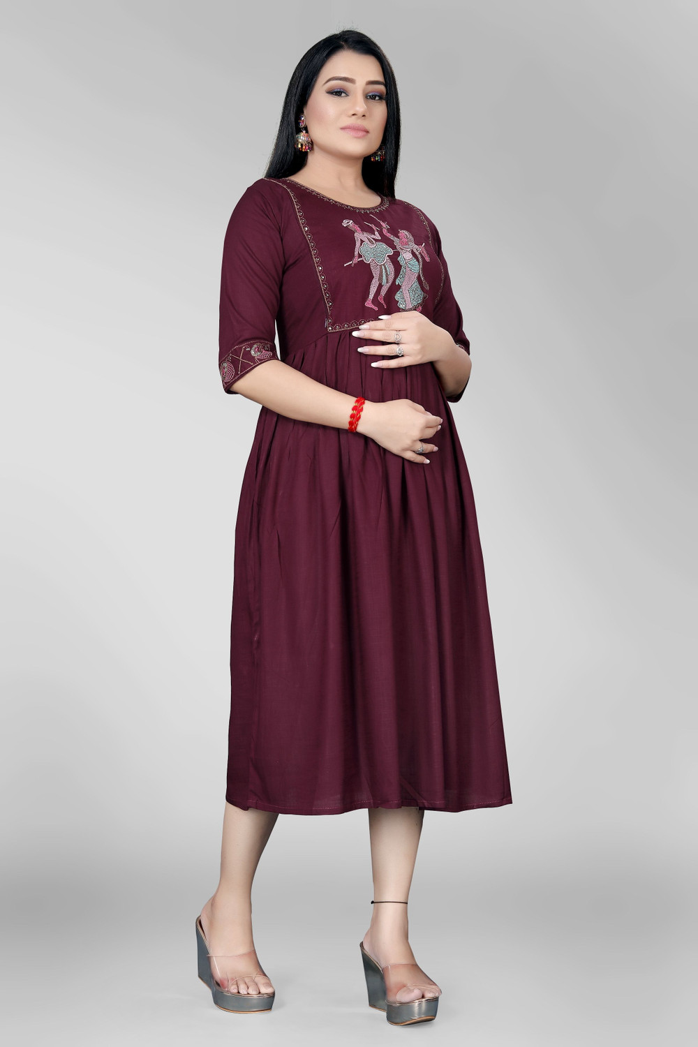 Image of sheladiya Women Fit and Flare Maroon Midi /Calf Length Dress