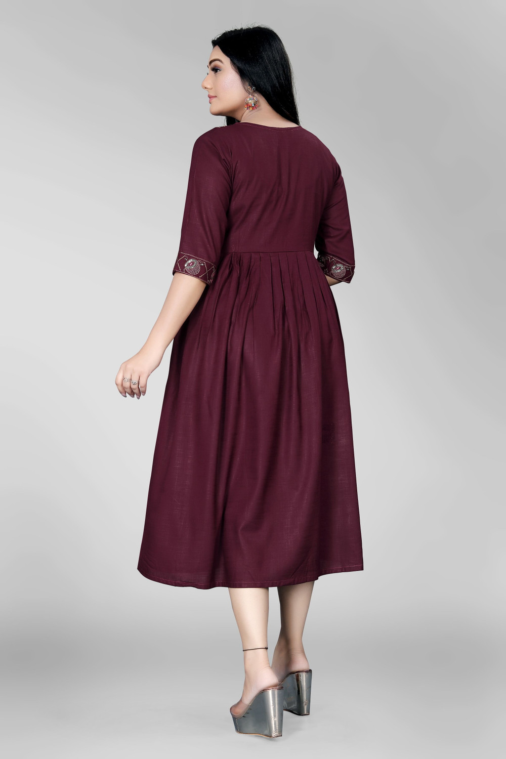 Image of sheladiya Women Fit and Flare Maroon Midi /Calf Length Dress