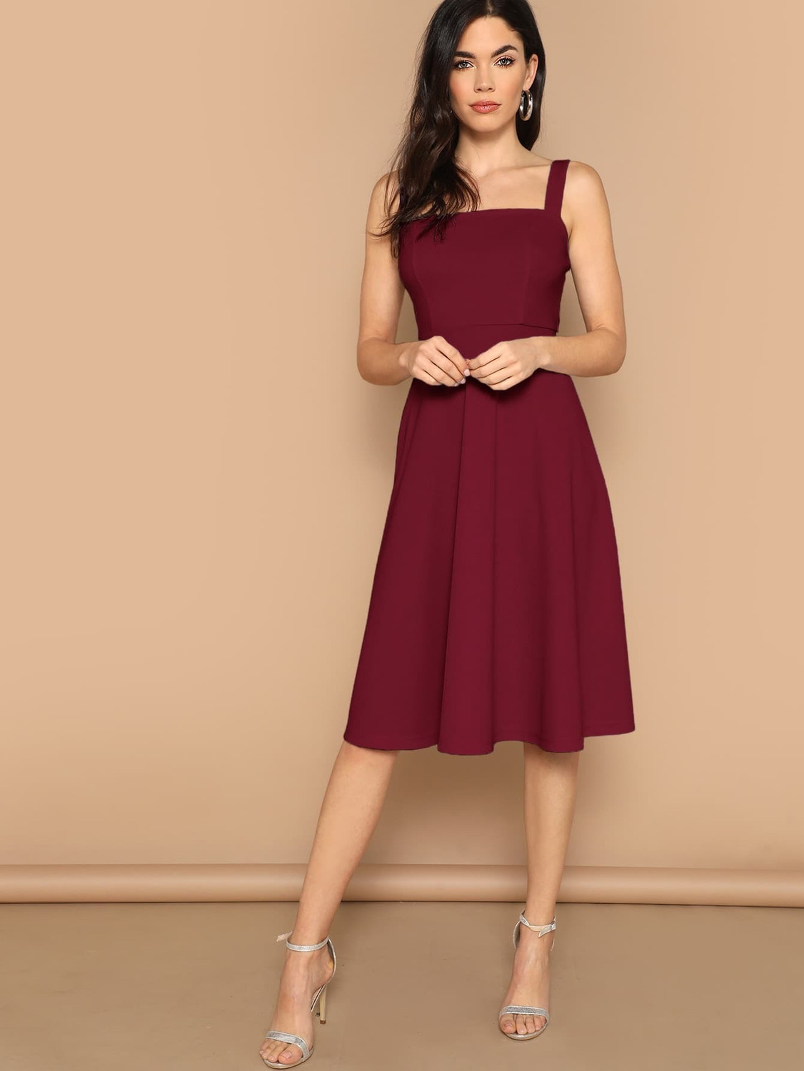 Image of Aahwan Women Fit and Flare Maroon Below Knee Dress