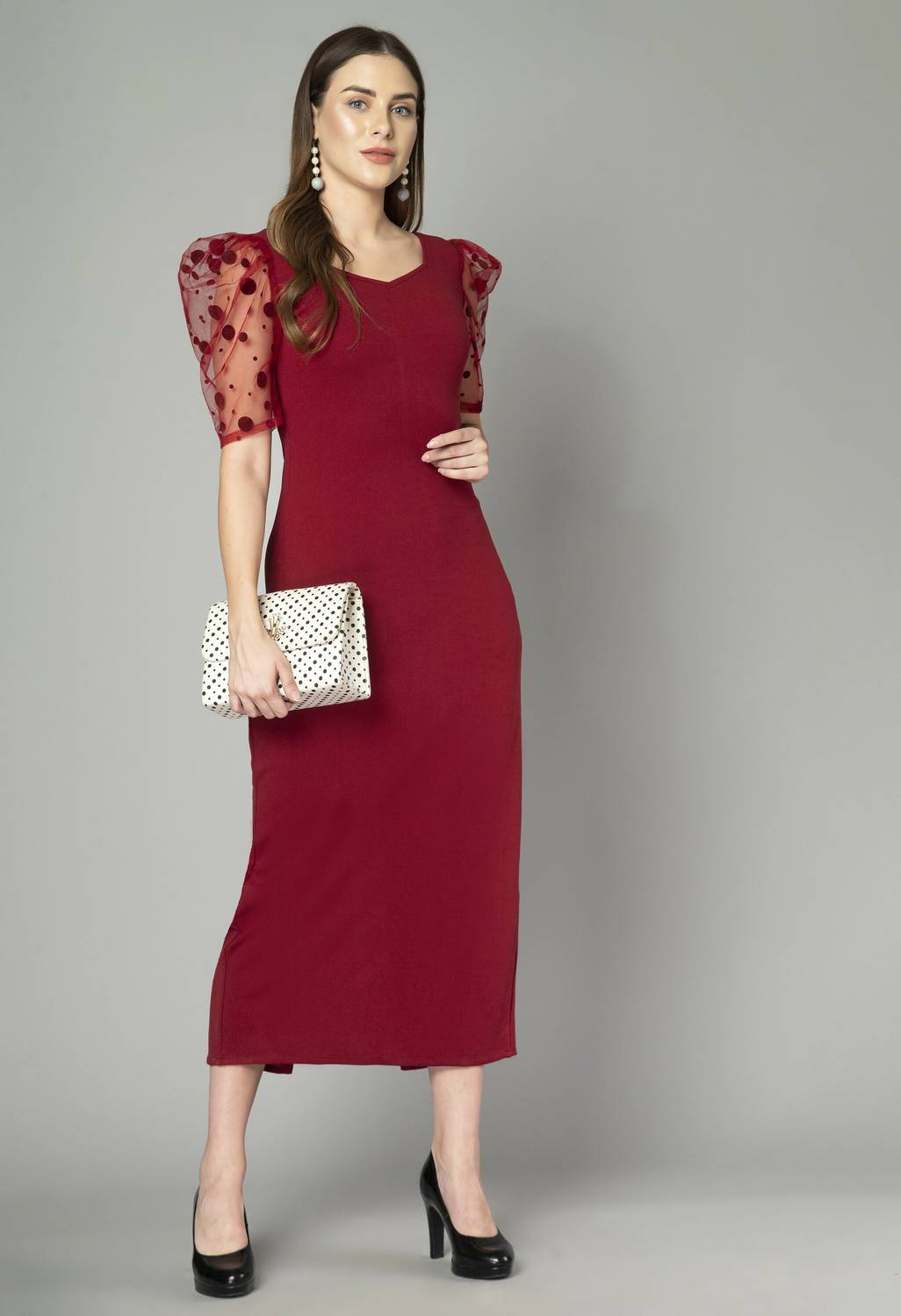 IUGA Women Bodycon Maroon Midi/Calf Length Dress