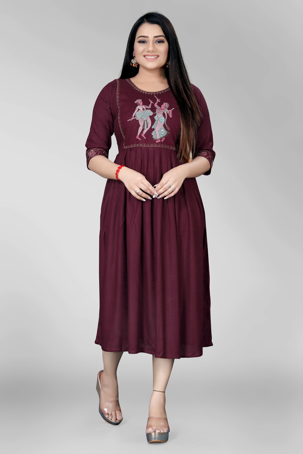 Image of sheladiya Women Fit and Flare Maroon Midi /Calf Length Dress