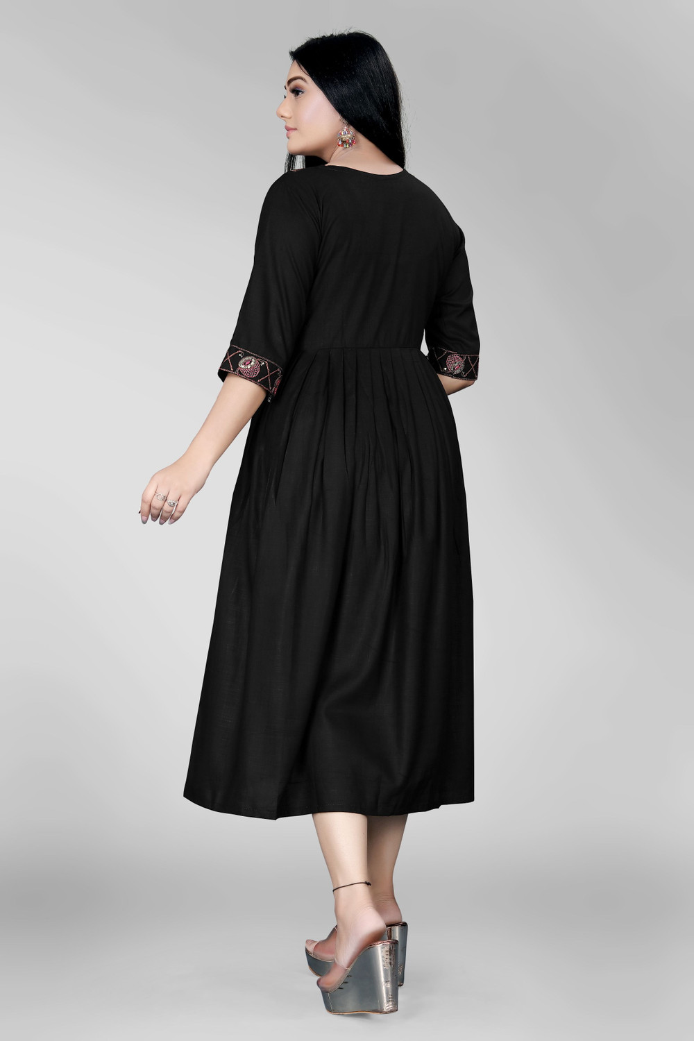 Image of sheladiya Women Fit and Flare Black Midi /Calf Length Dress