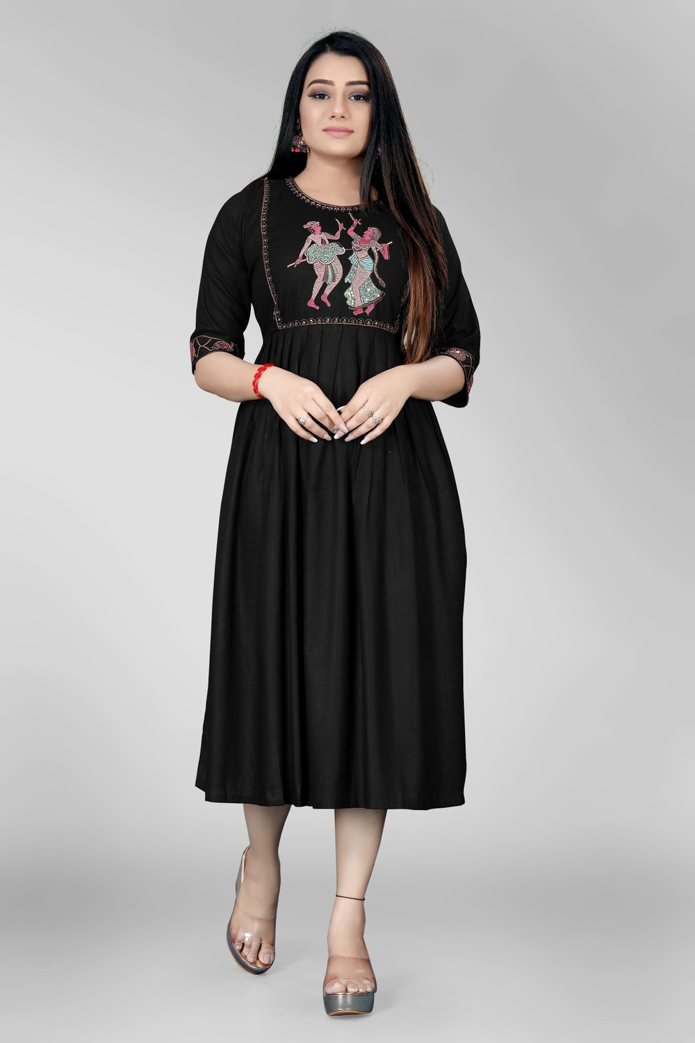 Image of sheladiya Women Fit and Flare Black Midi /Calf Length Dress
