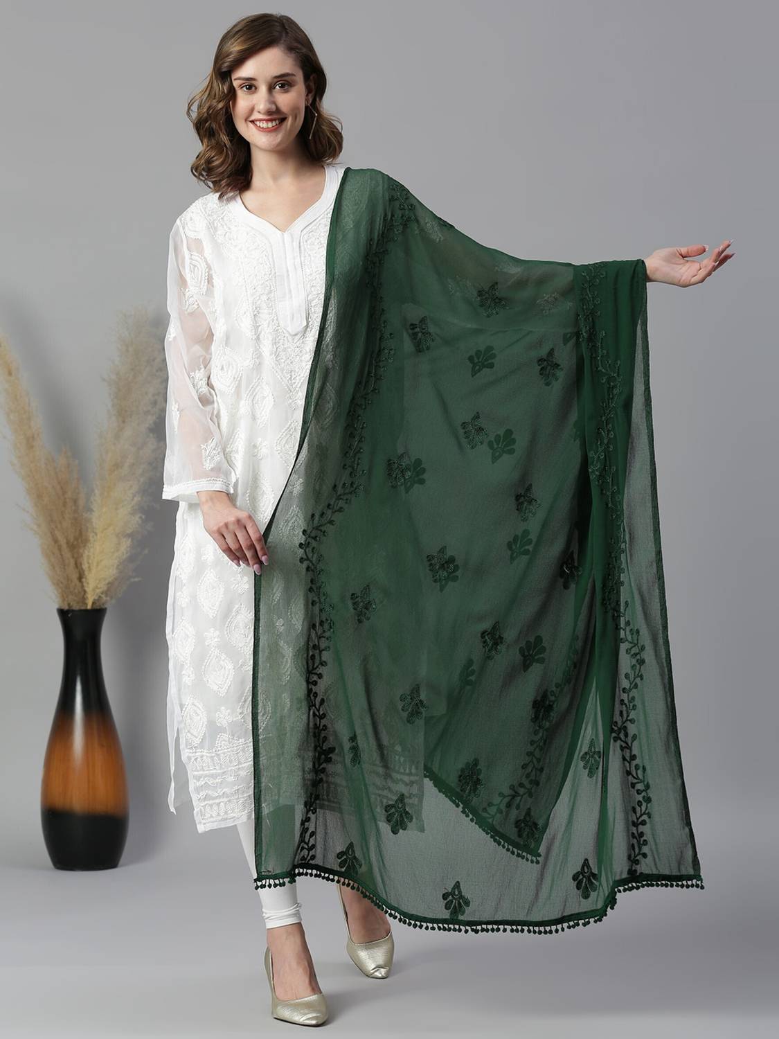 Kuhika Chiffon Embroidered Green Women Dupatta