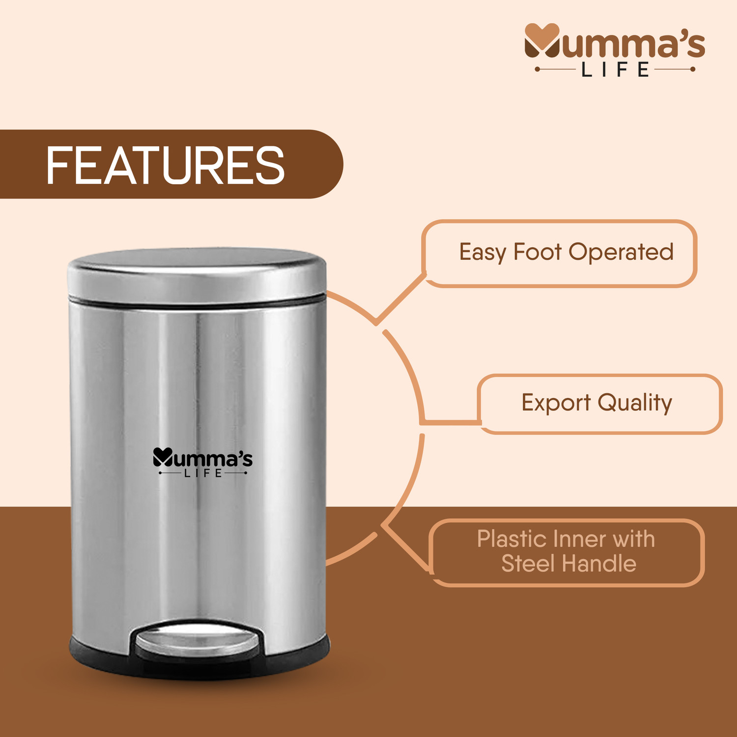 Image of Mumma's LIFE Plain Pedal Bin with Plastic Bucket And Lid (10 * 15inch 11LTR) Stainless Steel Dustbin