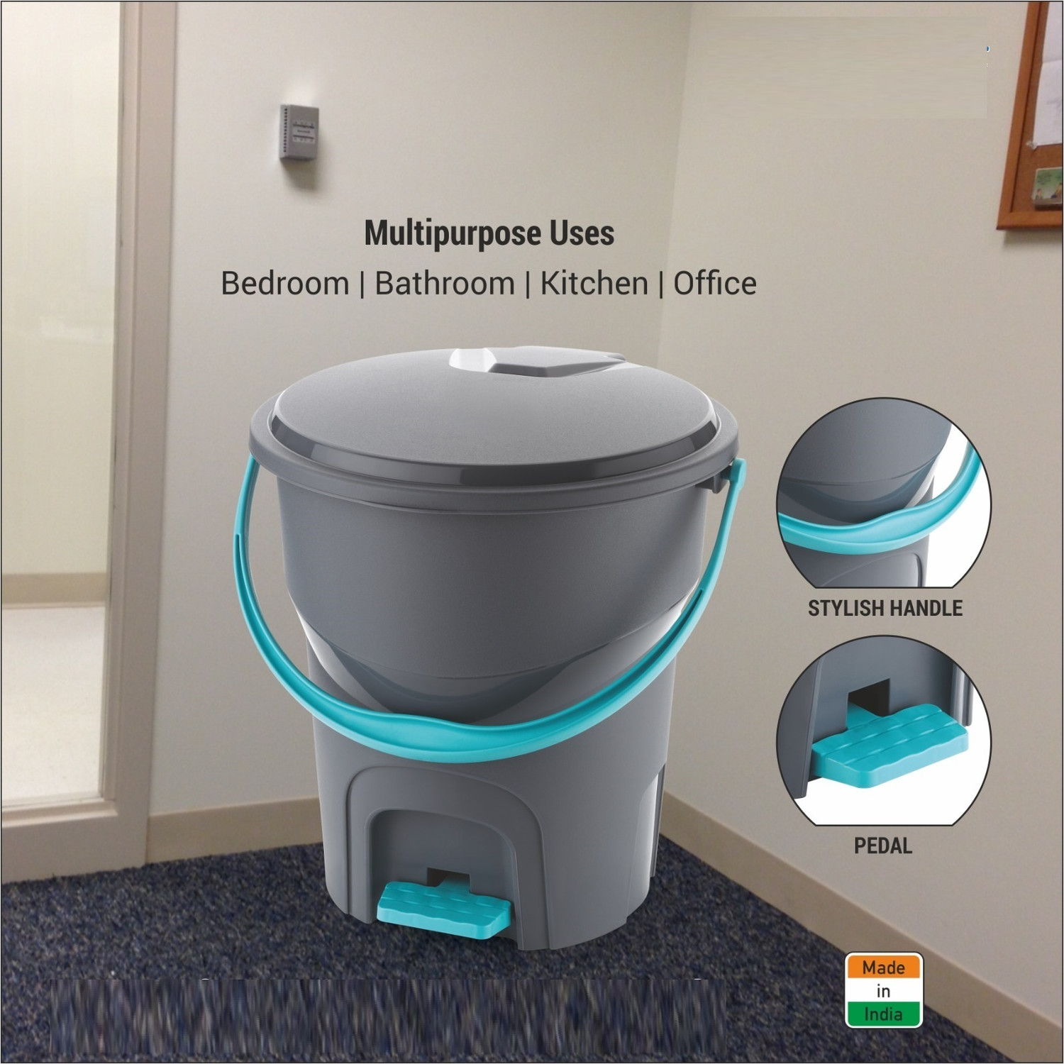 Image of TULUA DUSTBIN IN GREY COLOR WITH HANDLE AND PEDAL BIG SIZE DUSTBIN Plastic Dustbin