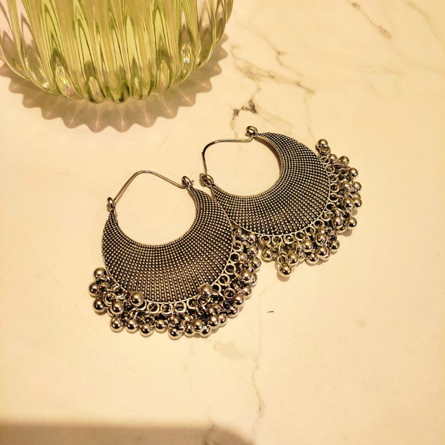 Image of MM Jewels Silver Oxidised Ghungroo Earrings for birthday gift, wedding ,rakhi gift Brass Chandbali Earring, Hoop Earring, Earring Set, Jhumki Earring