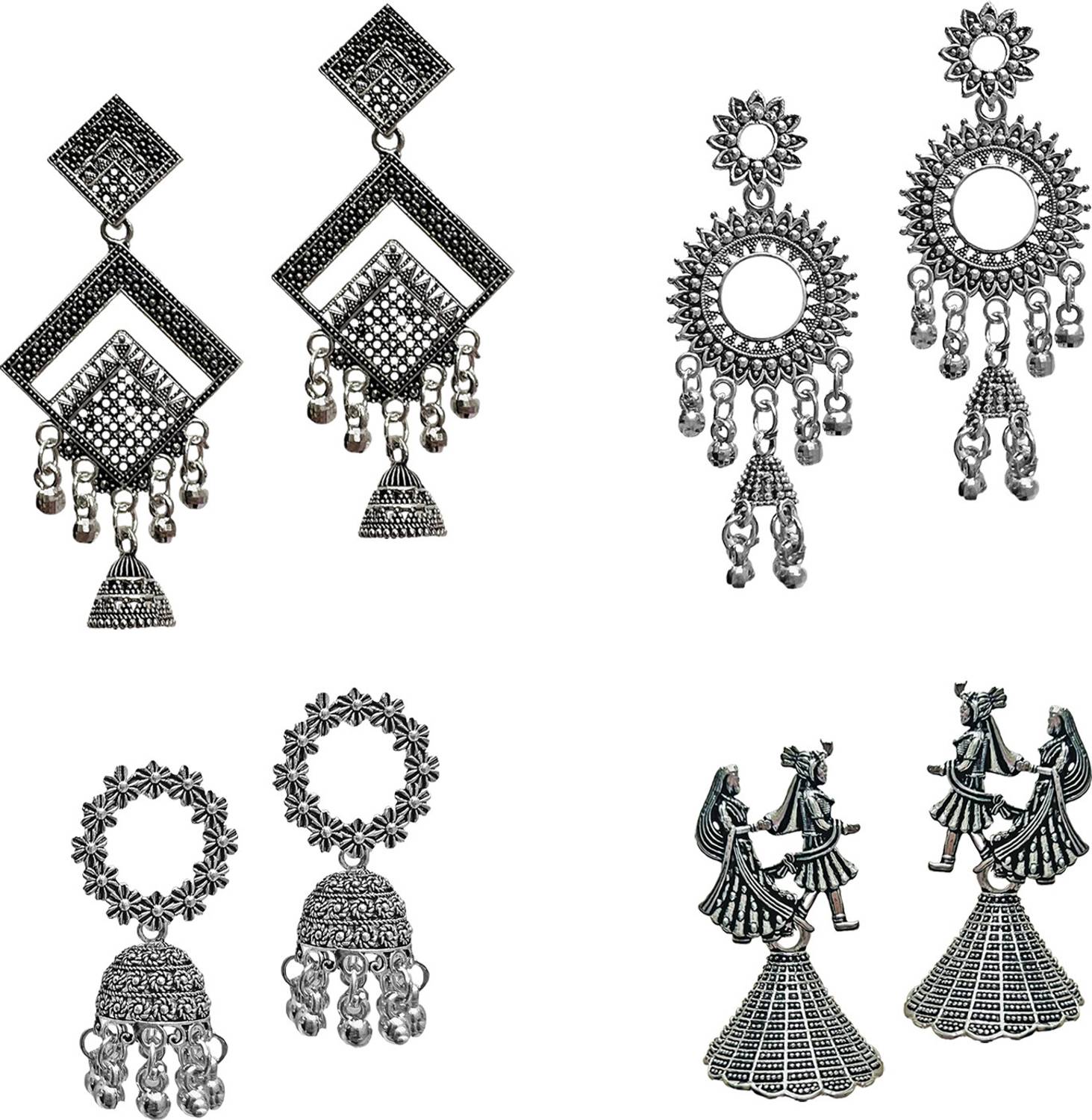 Tiso Combo of 4 Oxidised Silver Jhumki Earrings for Women and Girls German Silver Alloy Drops & Danglers, Jhumki Earring