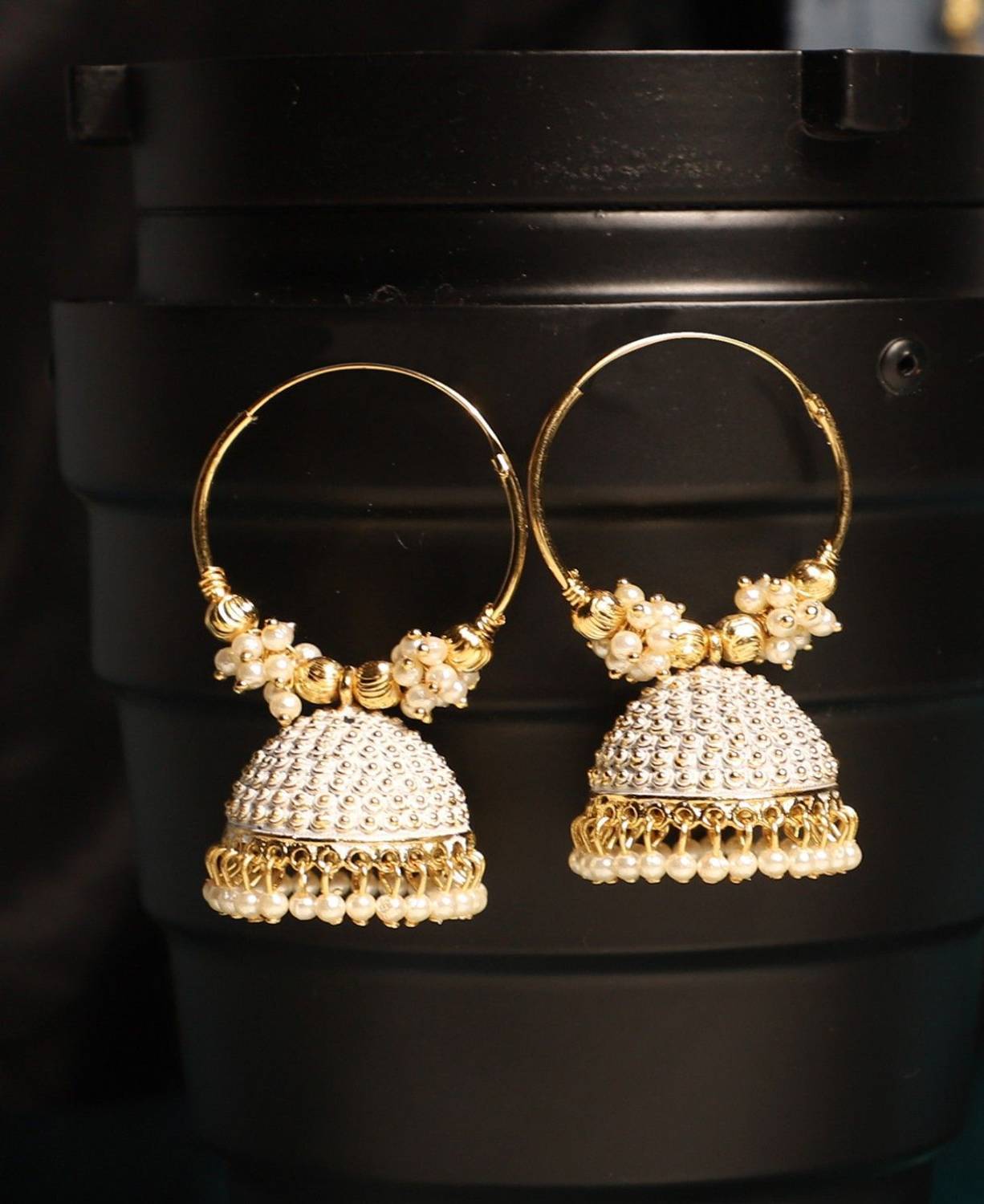 BHANA FASHION BHANA FASHION Traditional Gold Plated Enamelled White Jhumka And Hoop Baali Earring Pearl Brass Hoop Earring