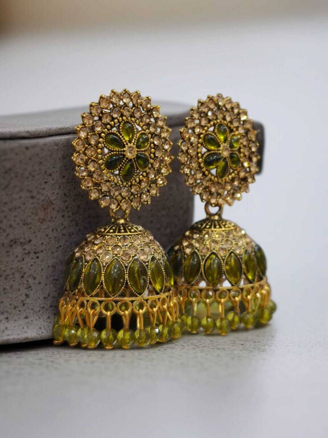 Antico Olive Green Color Diamond Studded Oxidised Jhumka Earrings for Women Alloy Jhumki Earring, Earring Set