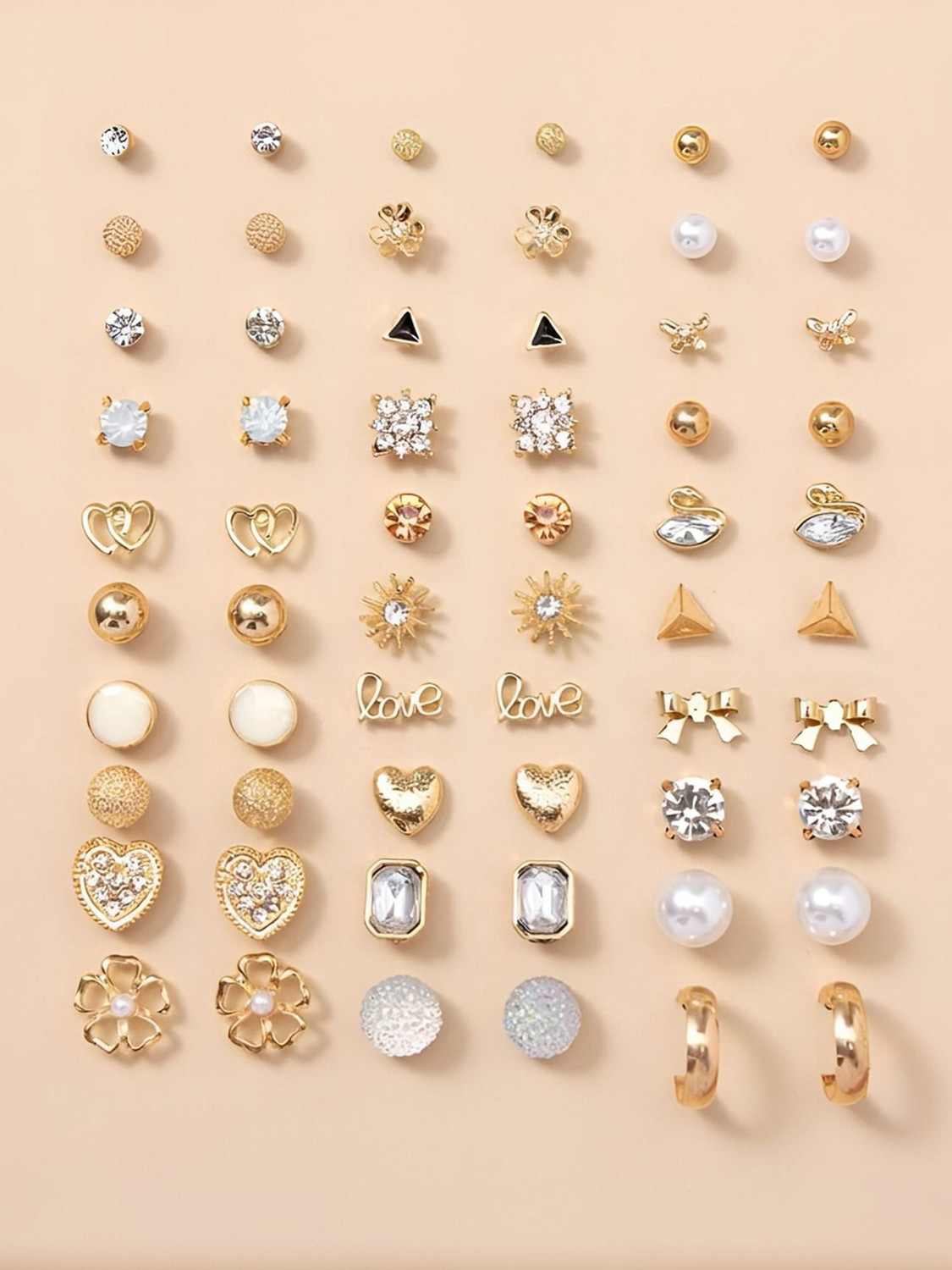Image of Vembley Set Of 30 Pairs Gold-Plated Trendy Crystal & Pearl Stud Earring for Women Cubic Zirconia, Crystal, Pearl Alloy Stud Earring