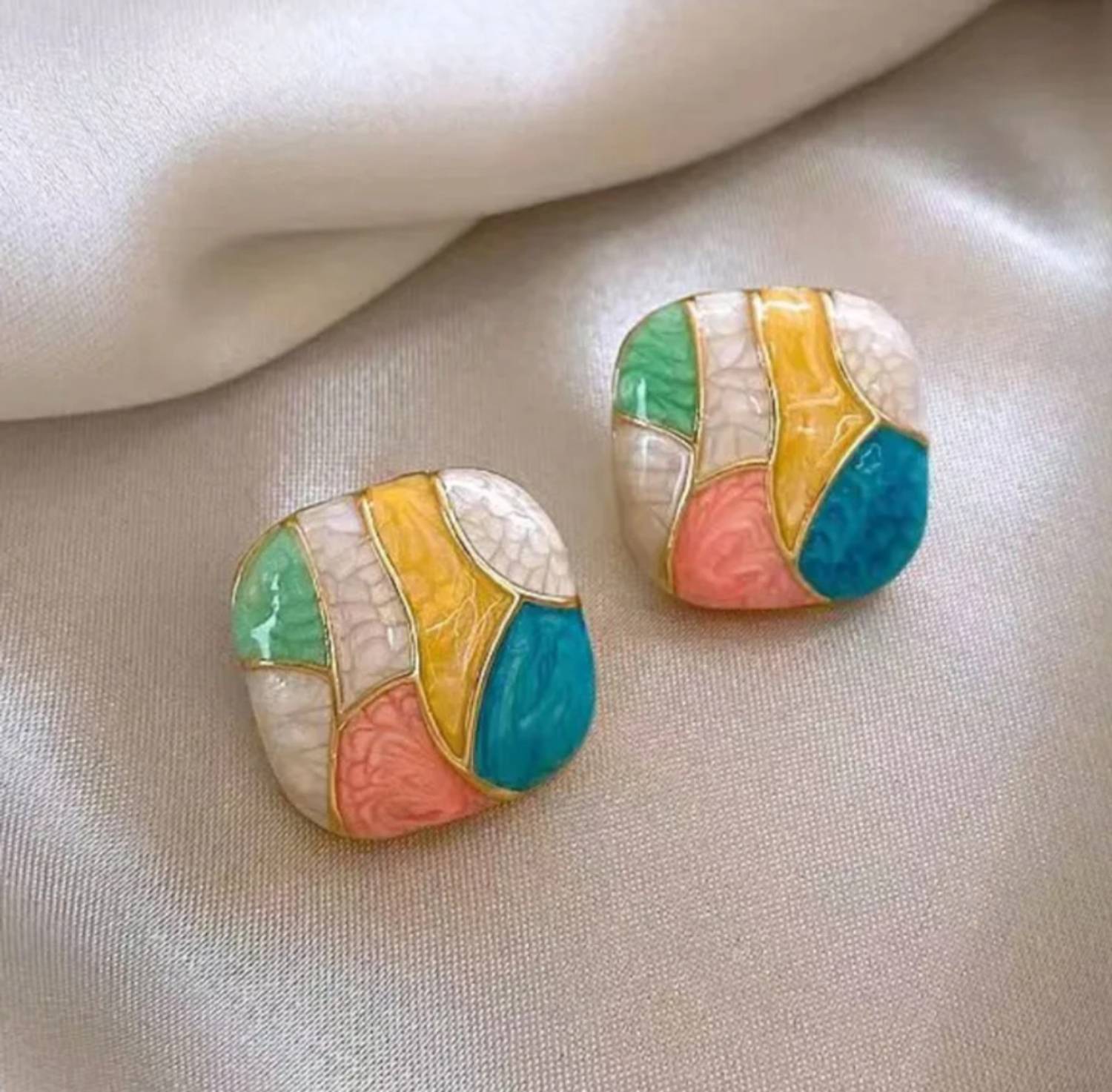 ARyee Earrings for Women Colorful Pattern Stud Earrings Oil Painting Style Jewelry_A38 Metal Stud Earring