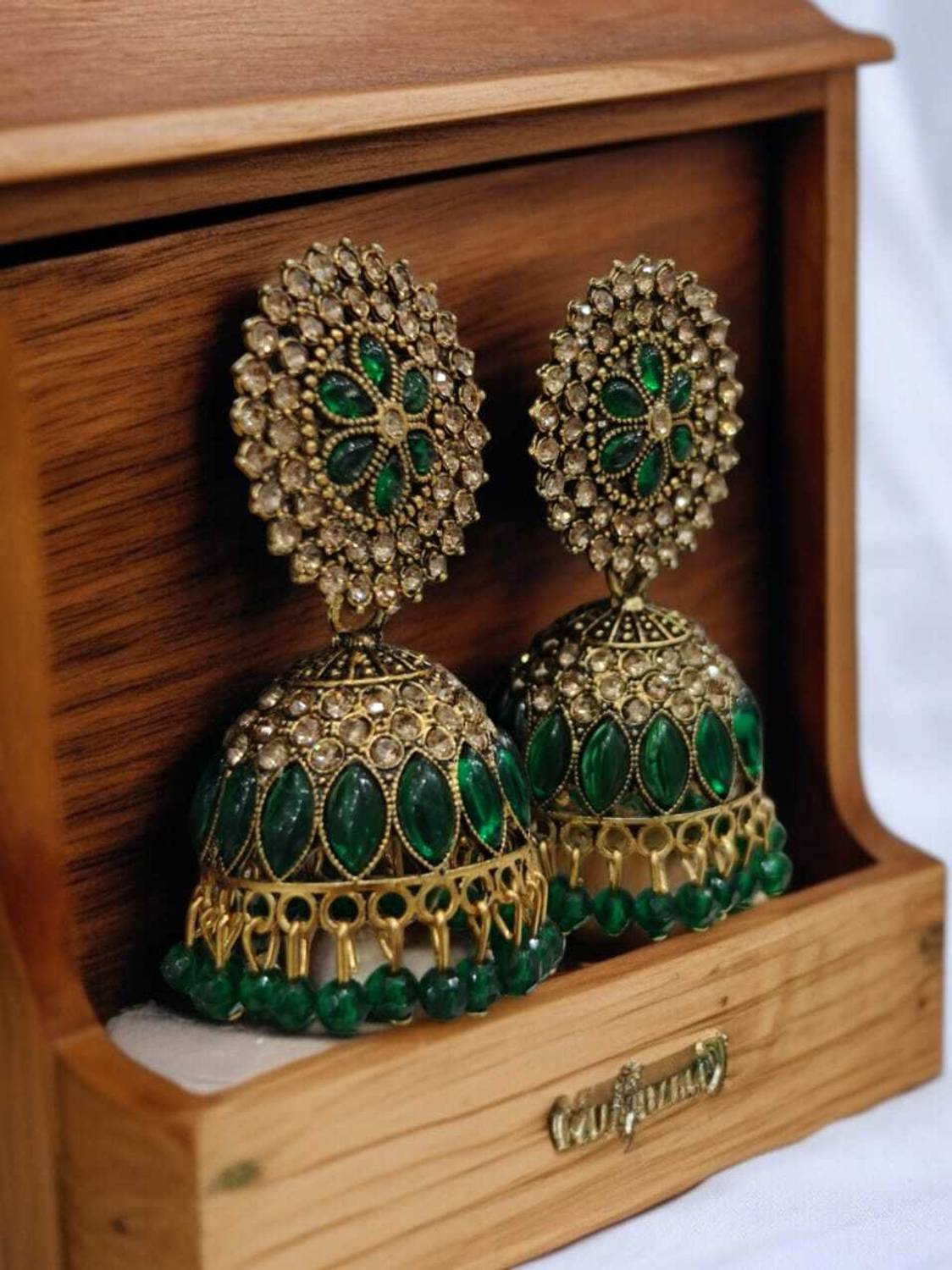 Antico Green Color Diamond Studded Oxidised Jhumka Earrings for Women Alloy Jhumki Earring, Earring Set